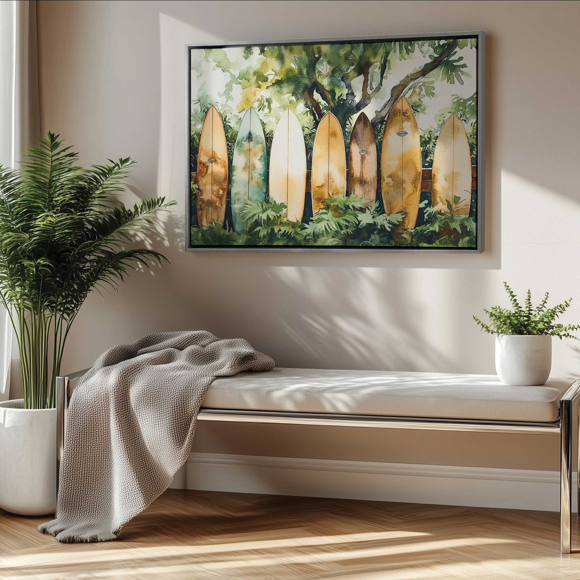 surfer's garden lineup canvas watercolor print of vintage style surfboards lined up in front of lush greenery, hanging above a bench