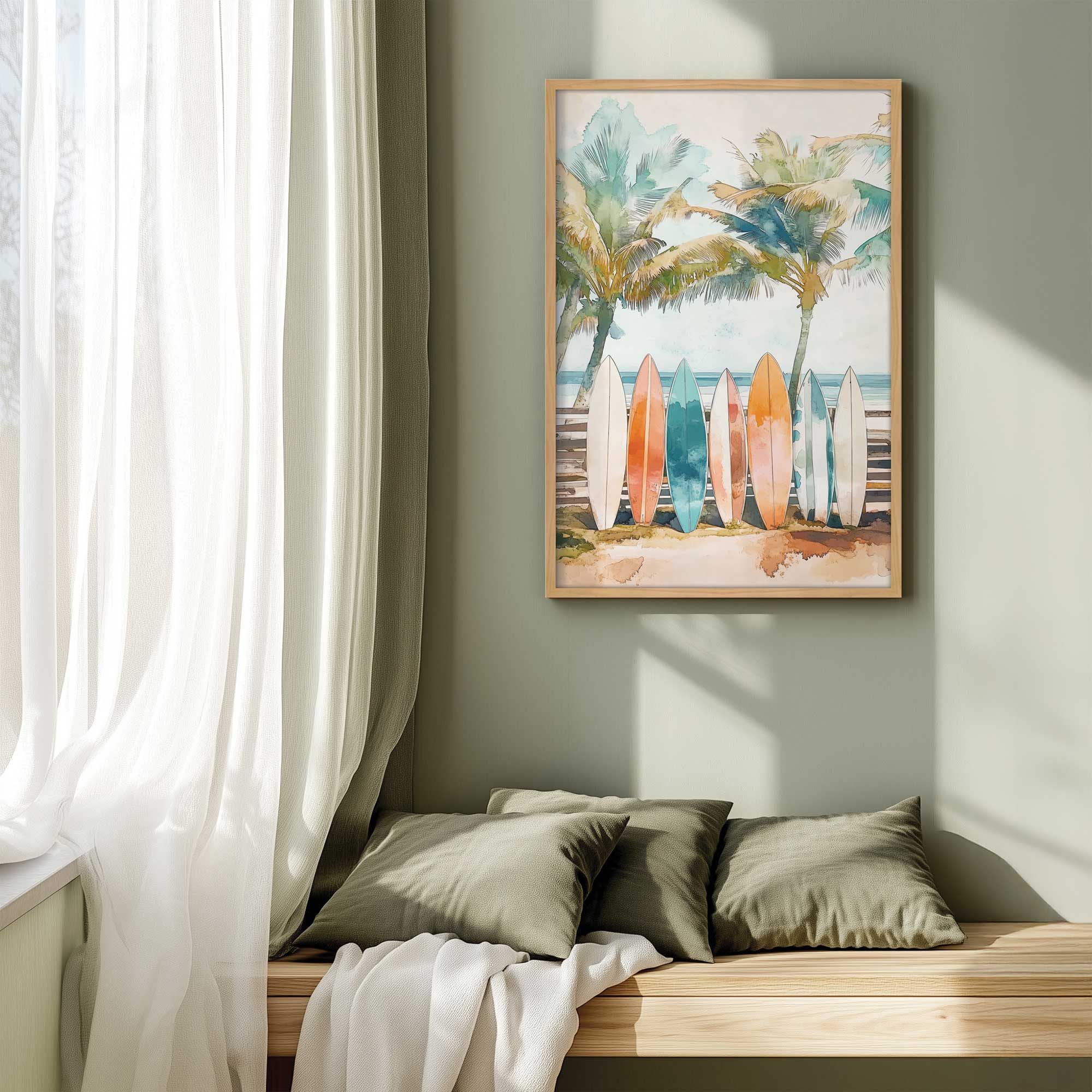 tropical board lineup print hanging by a window over some green cushions on a bench