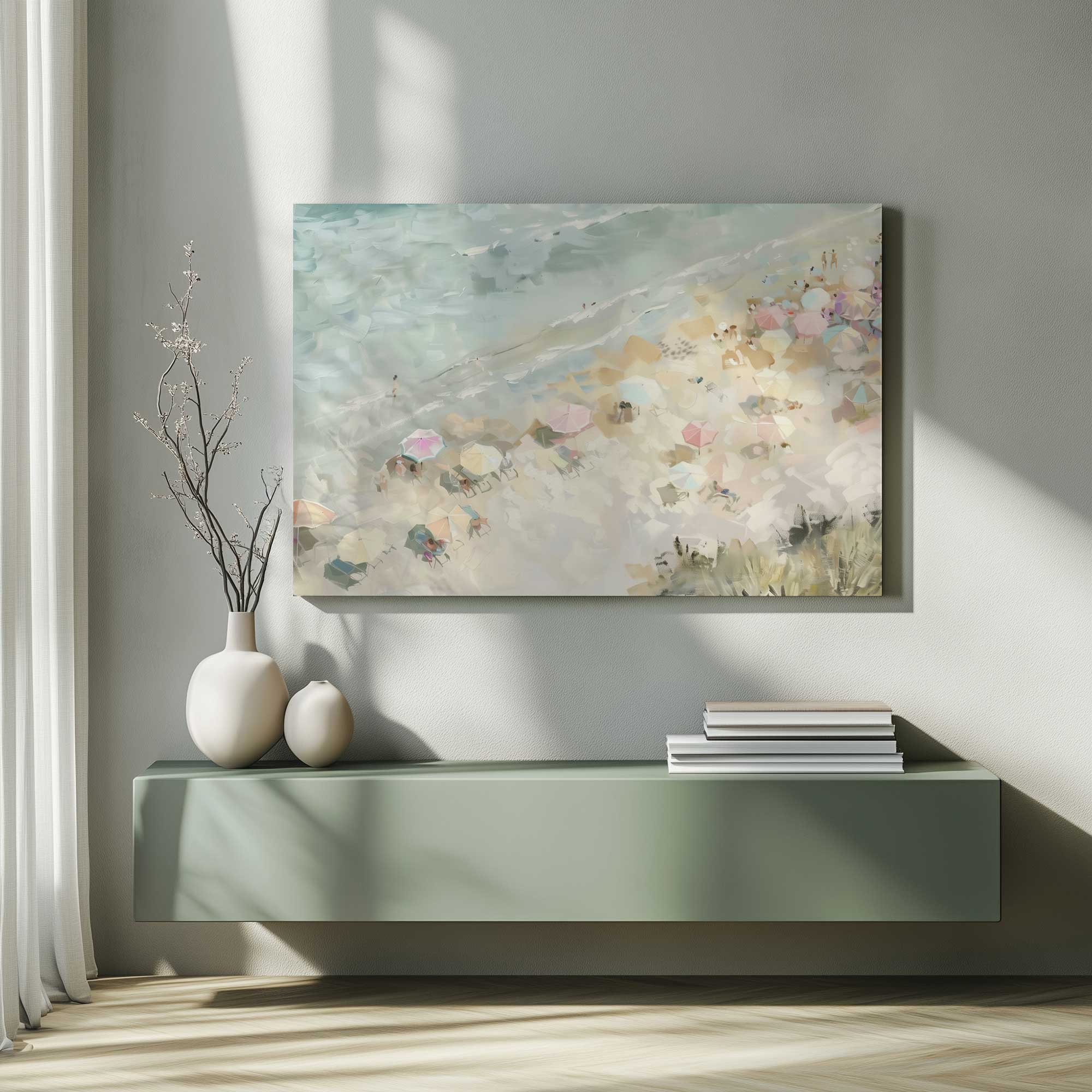 pastel shores canvas print hanging above a floating console table