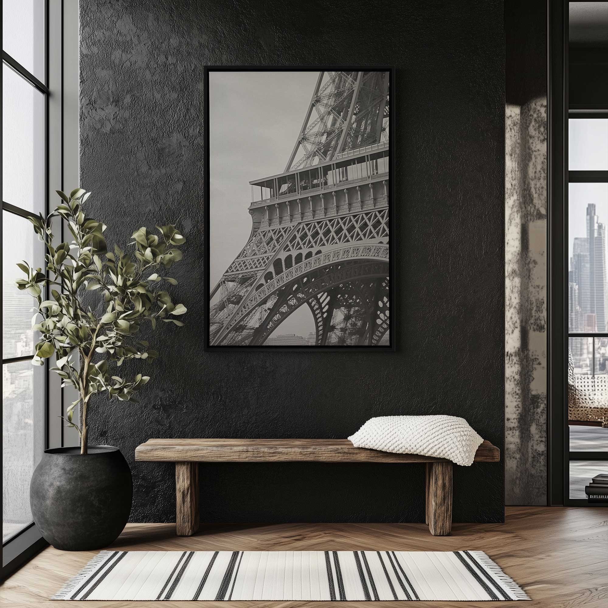 Paris Heights Canvas print hanging up in a black floater frame