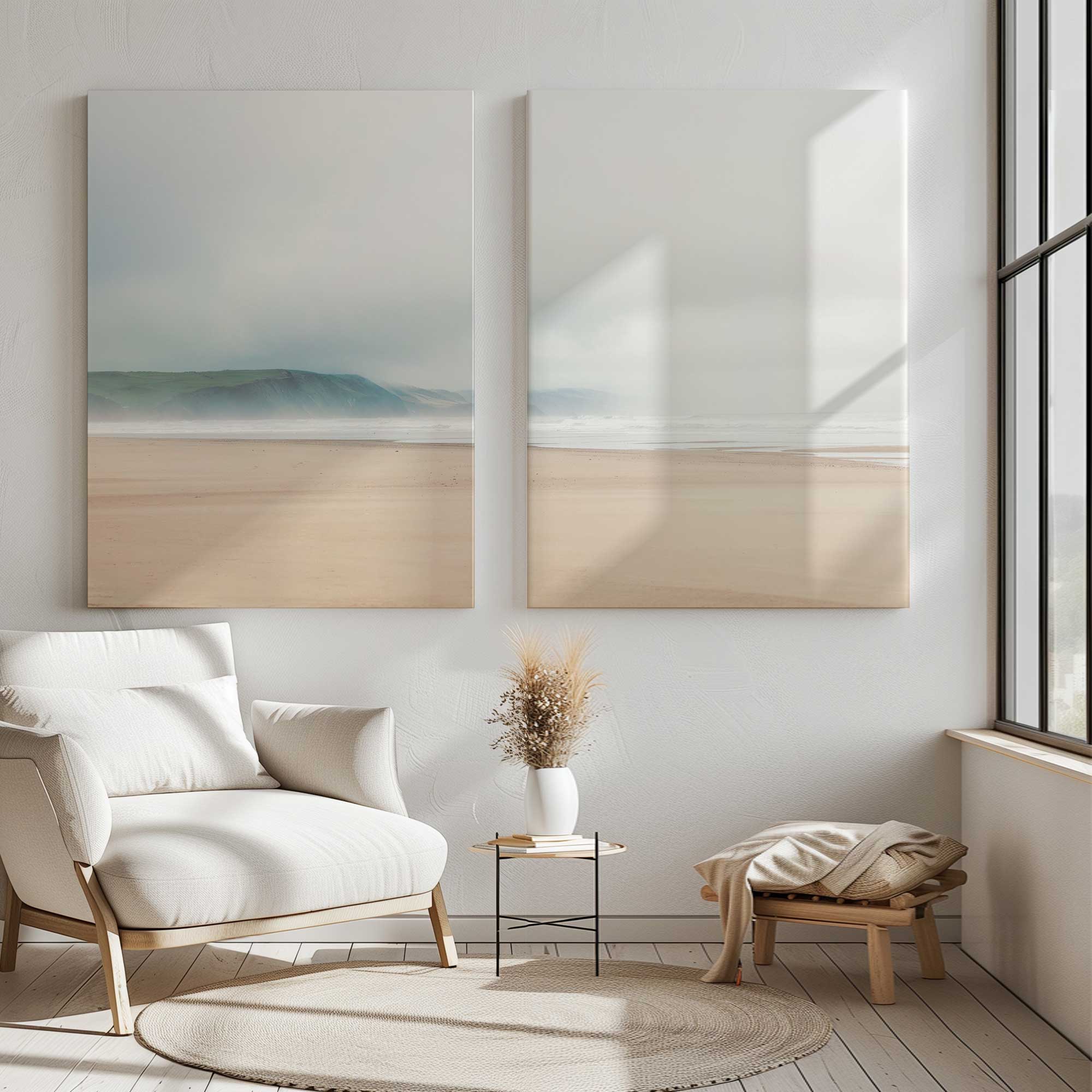 2 panel large canvas harmony of elements print hanging in a bright sitting room