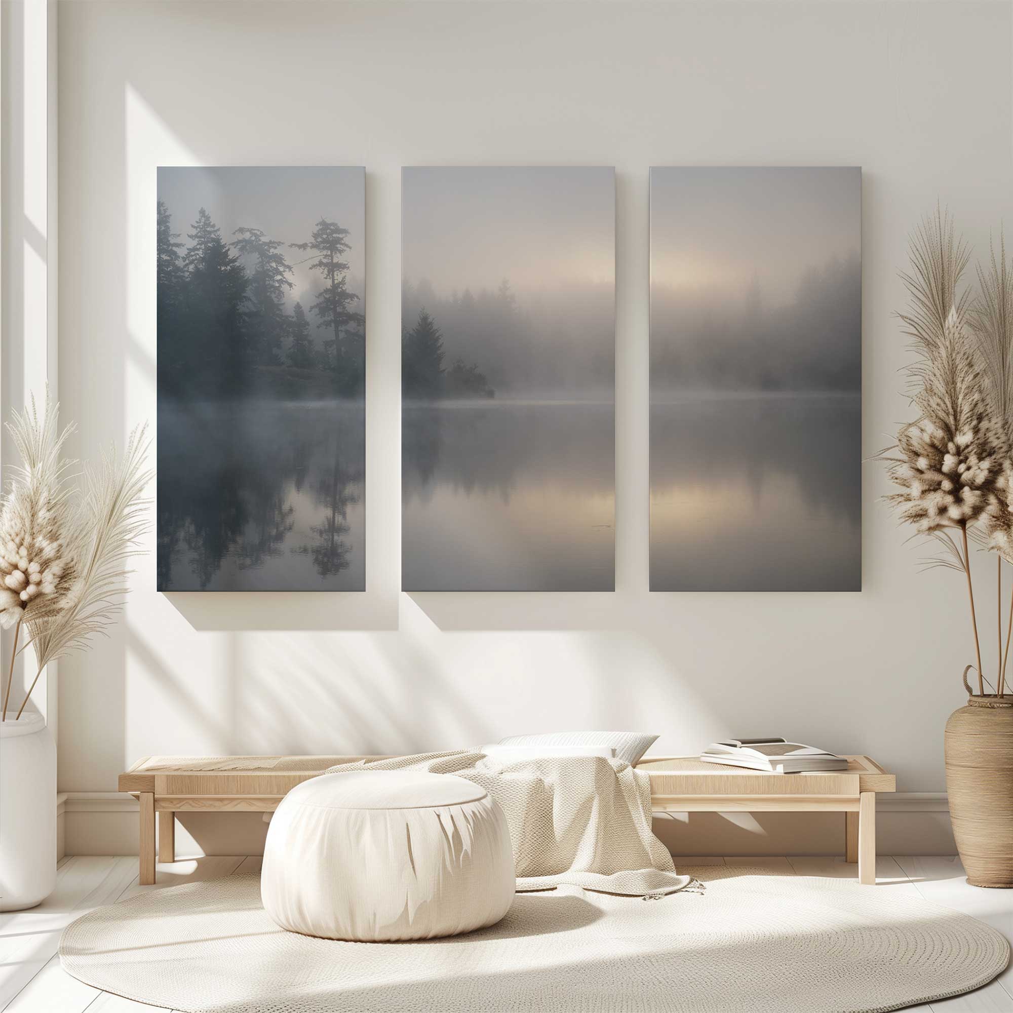 3 panel lake of daydreams large canvas print hanging above a bench