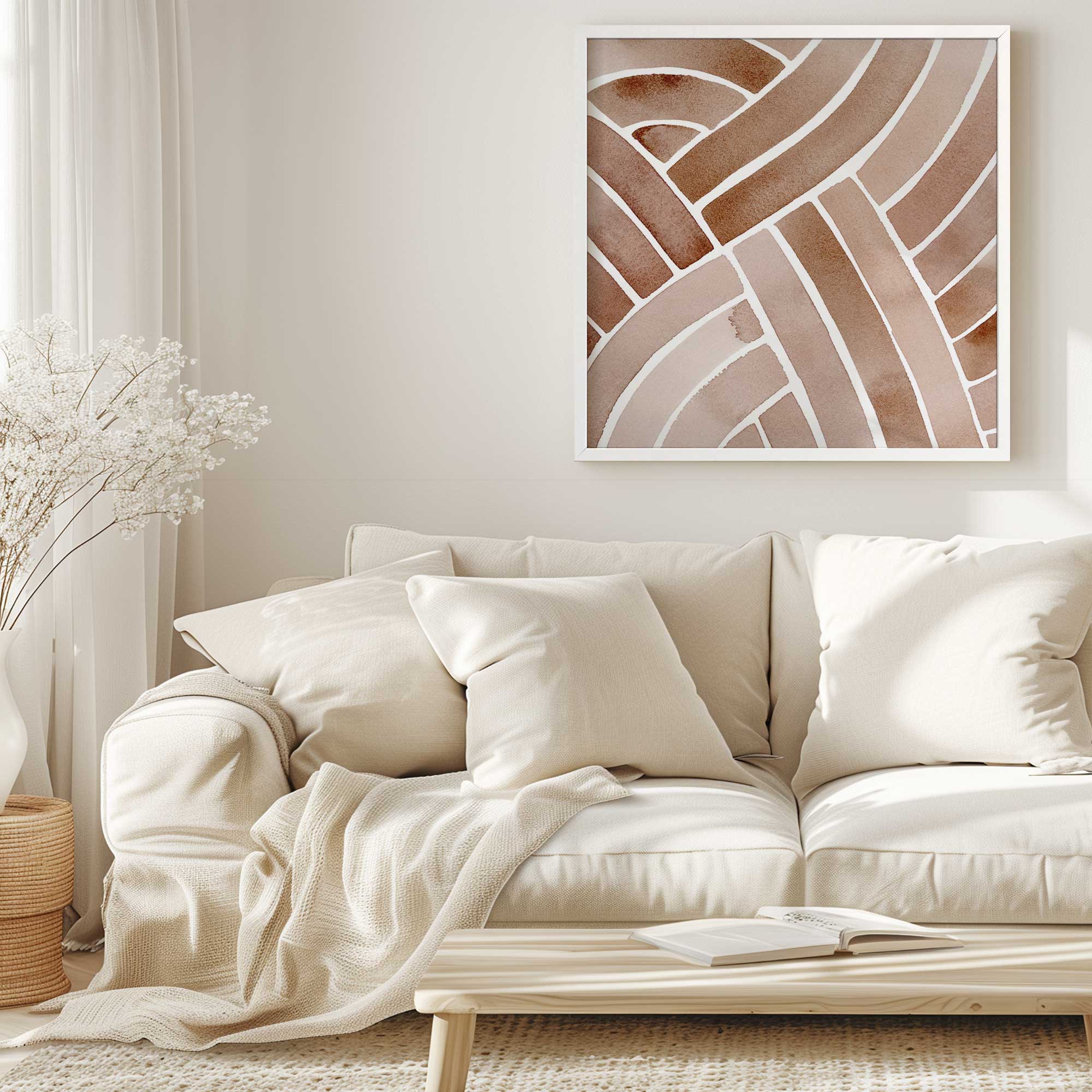 Braided earth v1 framed art print hanging above a white couch