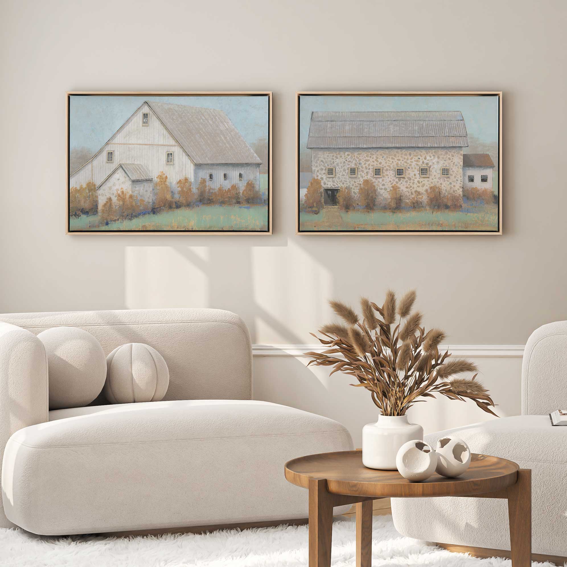 Farmstead memories set of 2 framed barn prints hanging in a modern living room