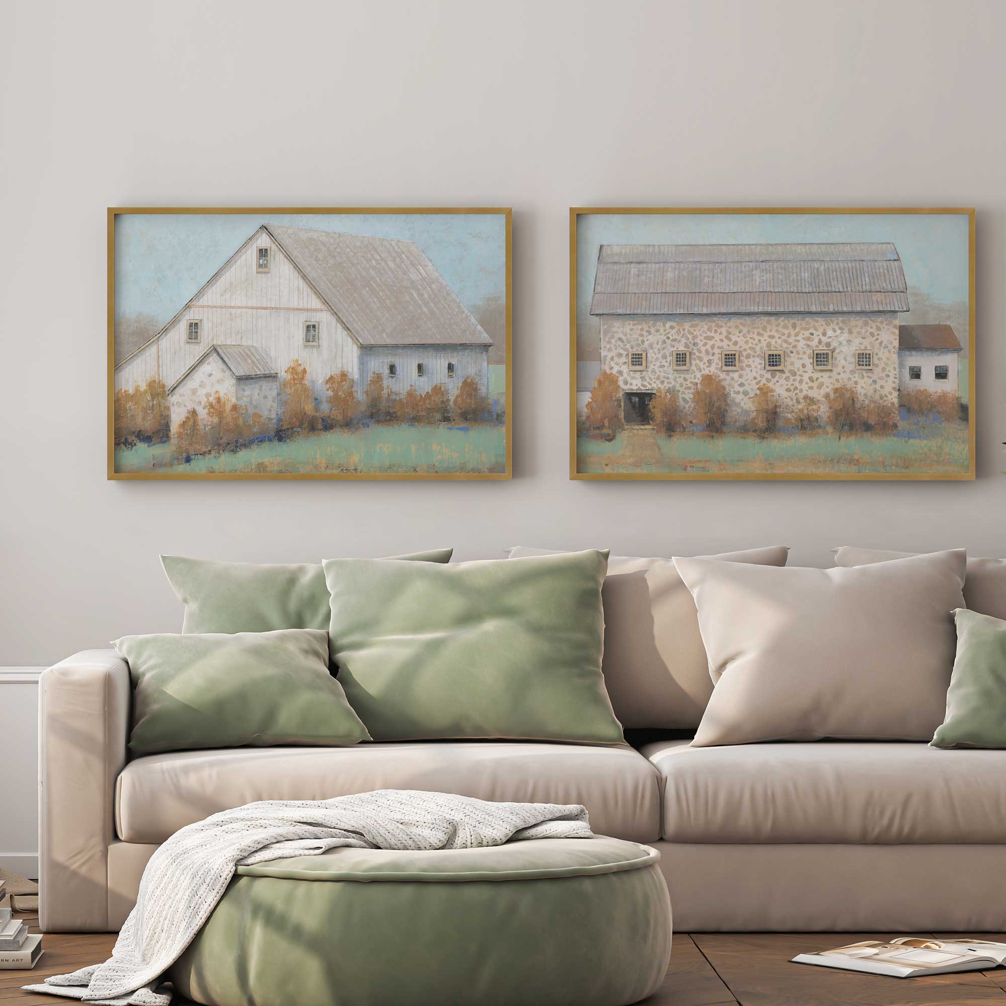 farmstead memories set of 2 prints on living room wall