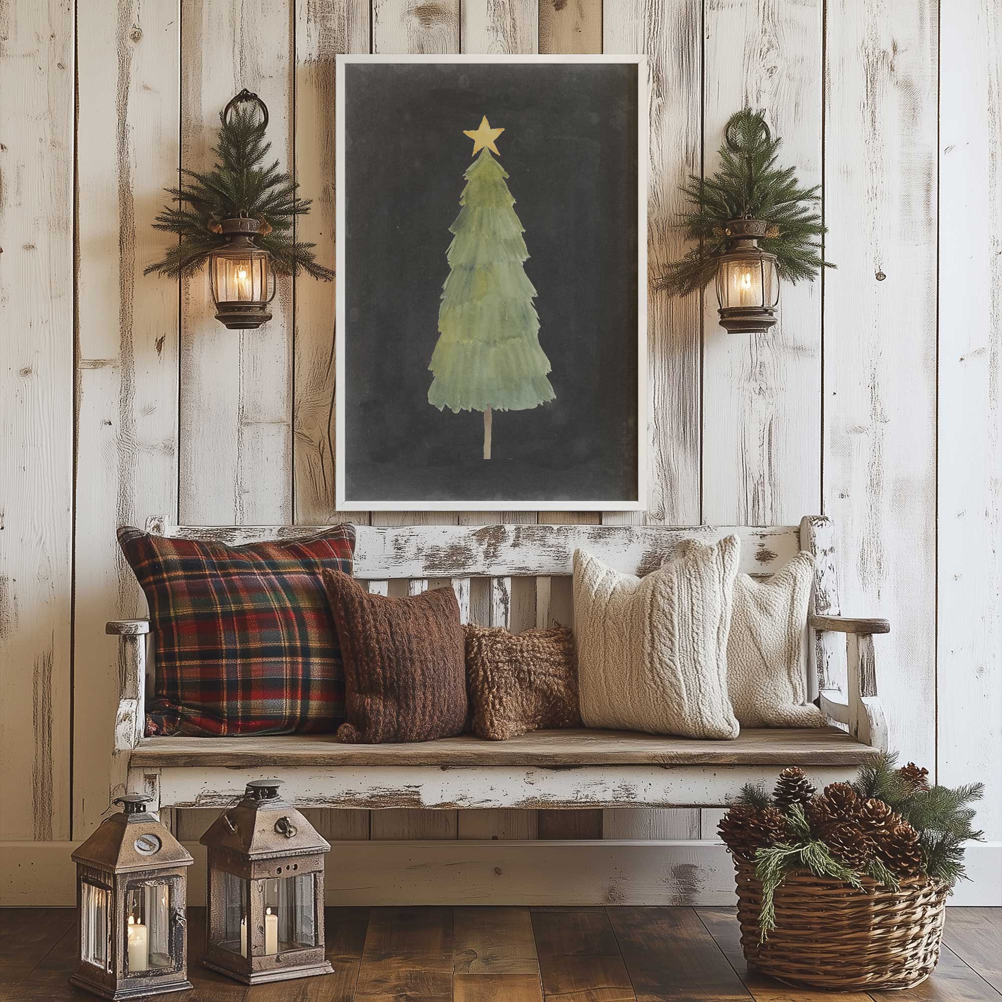 Minimalist Holiday Tree Print in white frame hanging above rustic wood bench