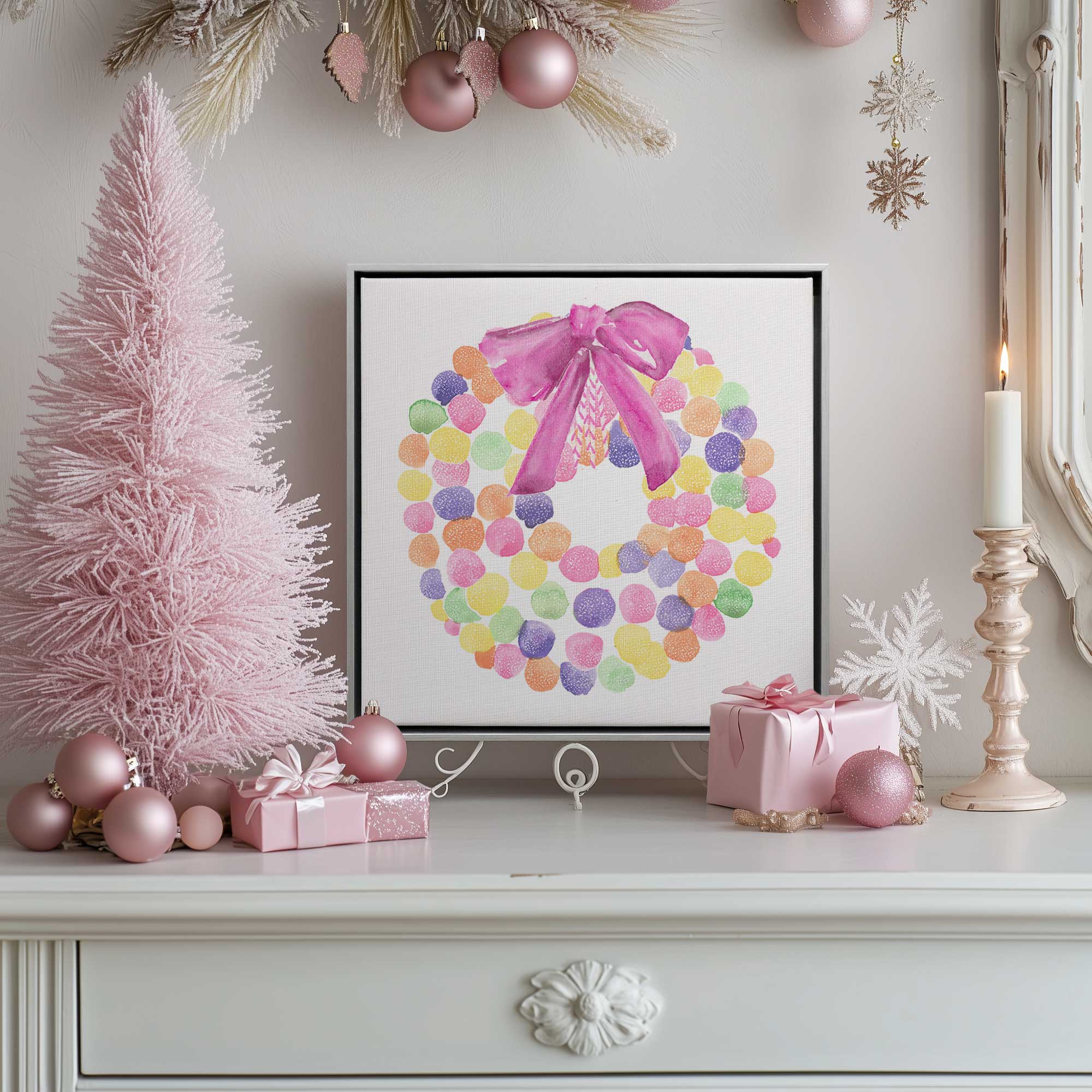 rainbow wreath print on canvas on a dresser with pink decor