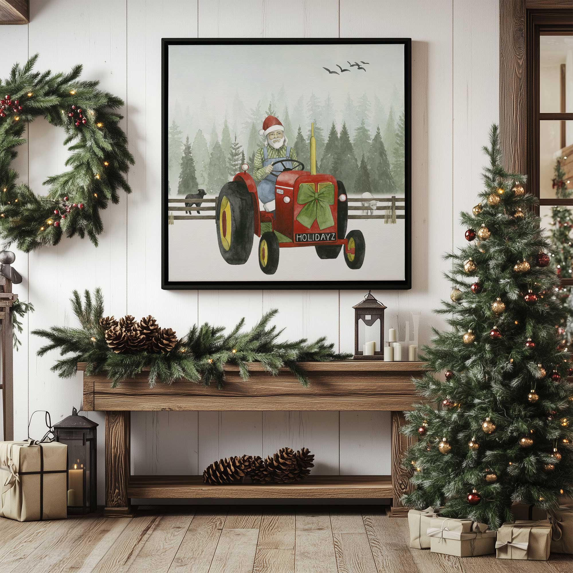 Santa's Christmas tractor ride I print on living room wall