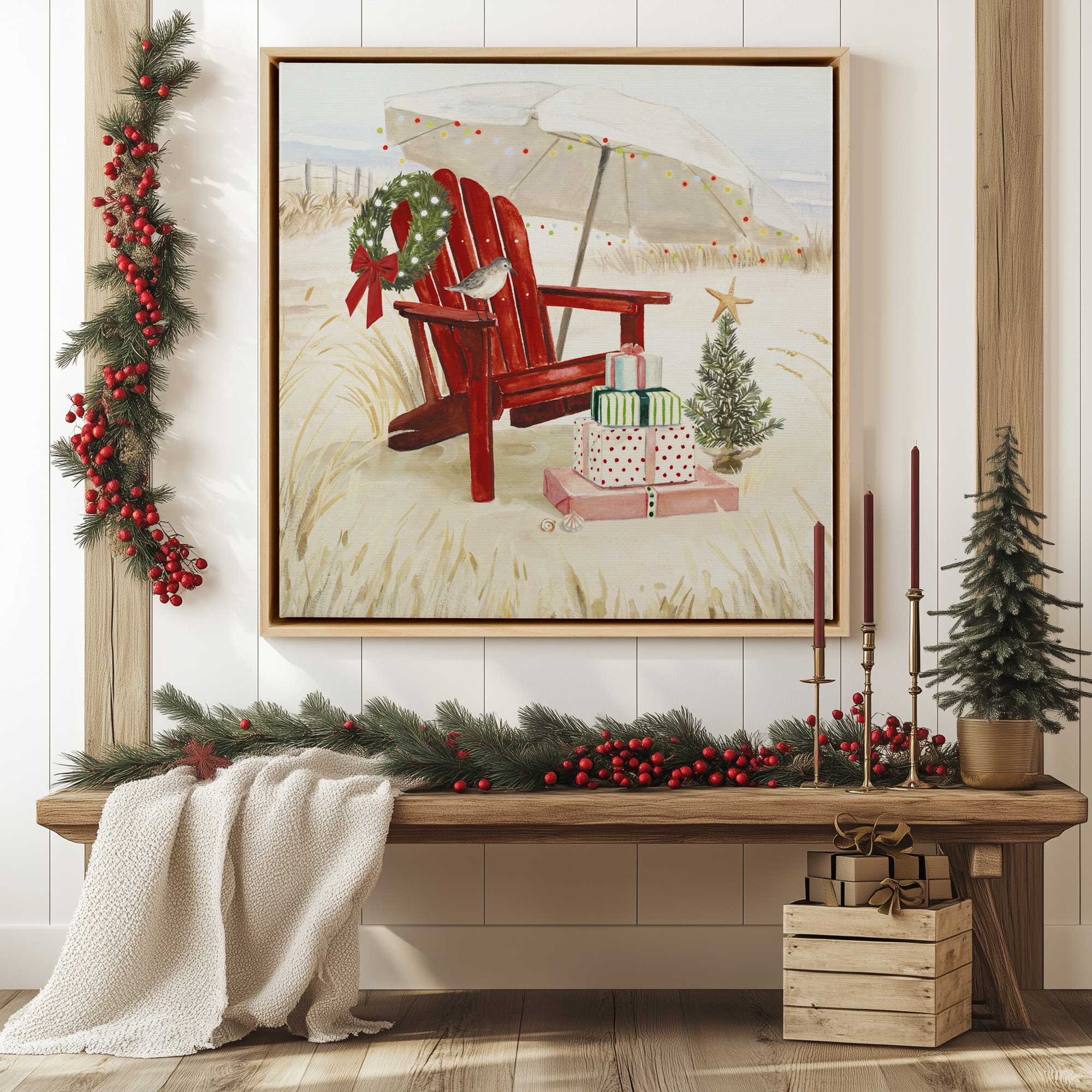 coastal holiday relaxation print on canvas hanging above bench