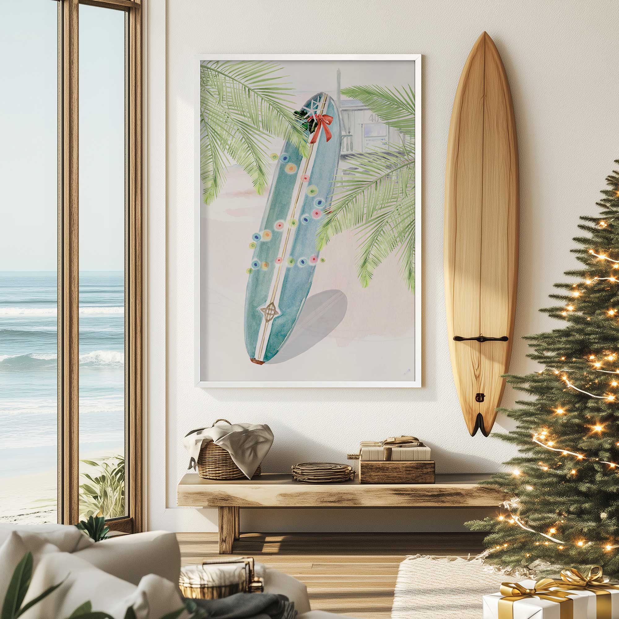 Holiday surfboard by the sea print in coastal themed room