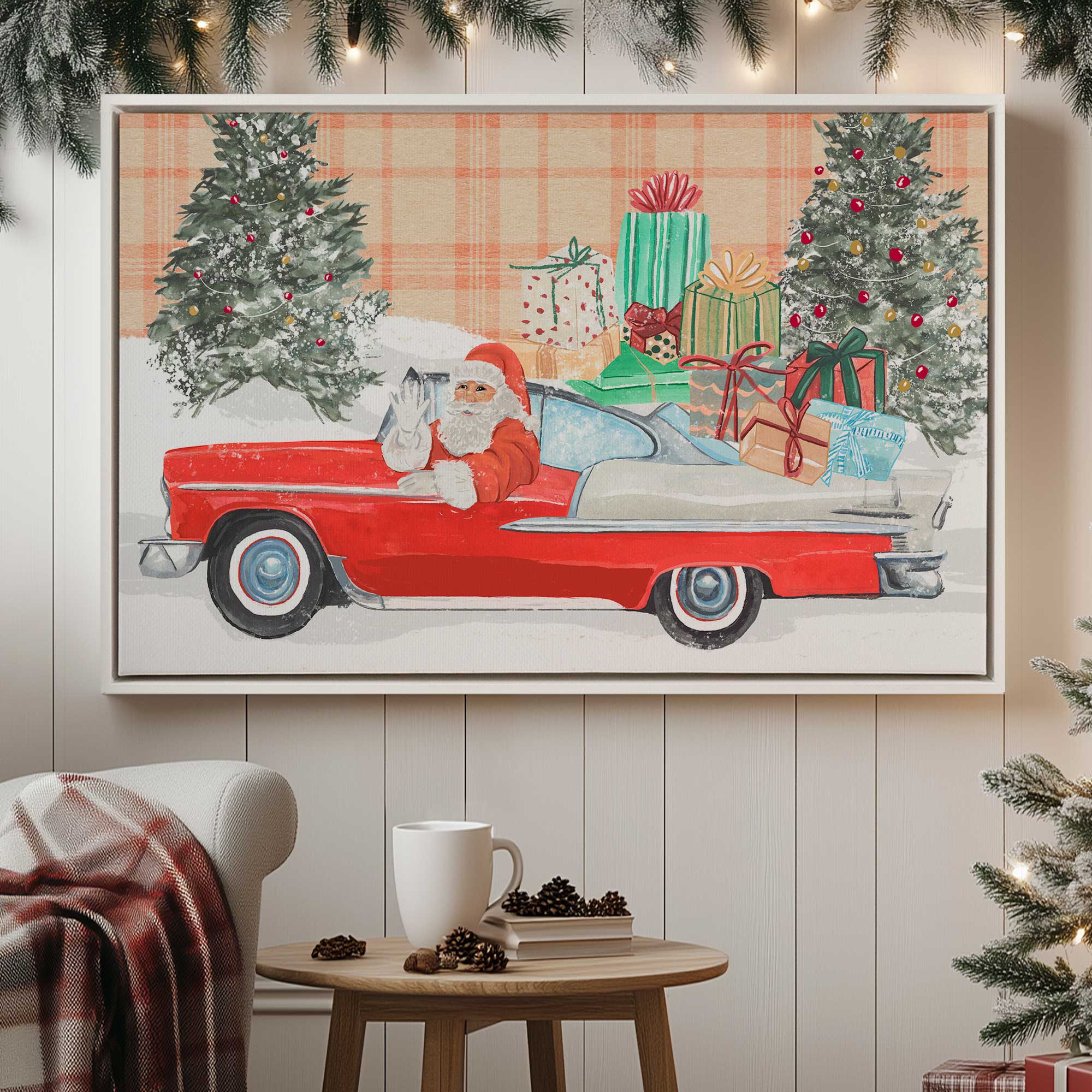 Santa's holiday convertible print on canvas hanging in the living room