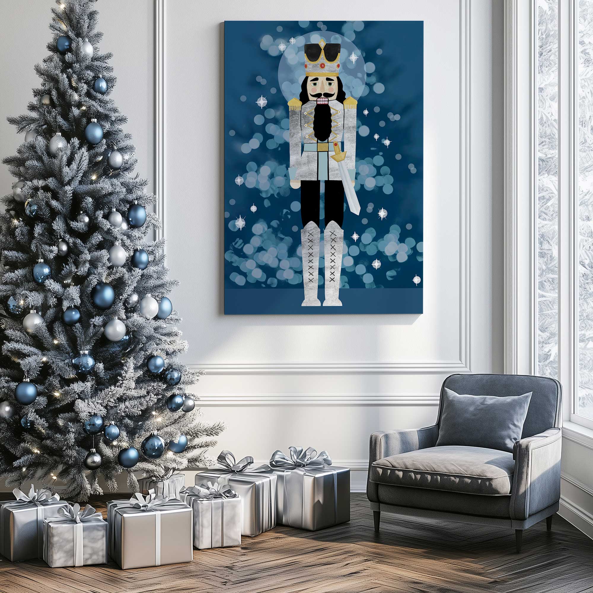 classic nutcracker in Blue I print hanging on wall beside Christmas tree