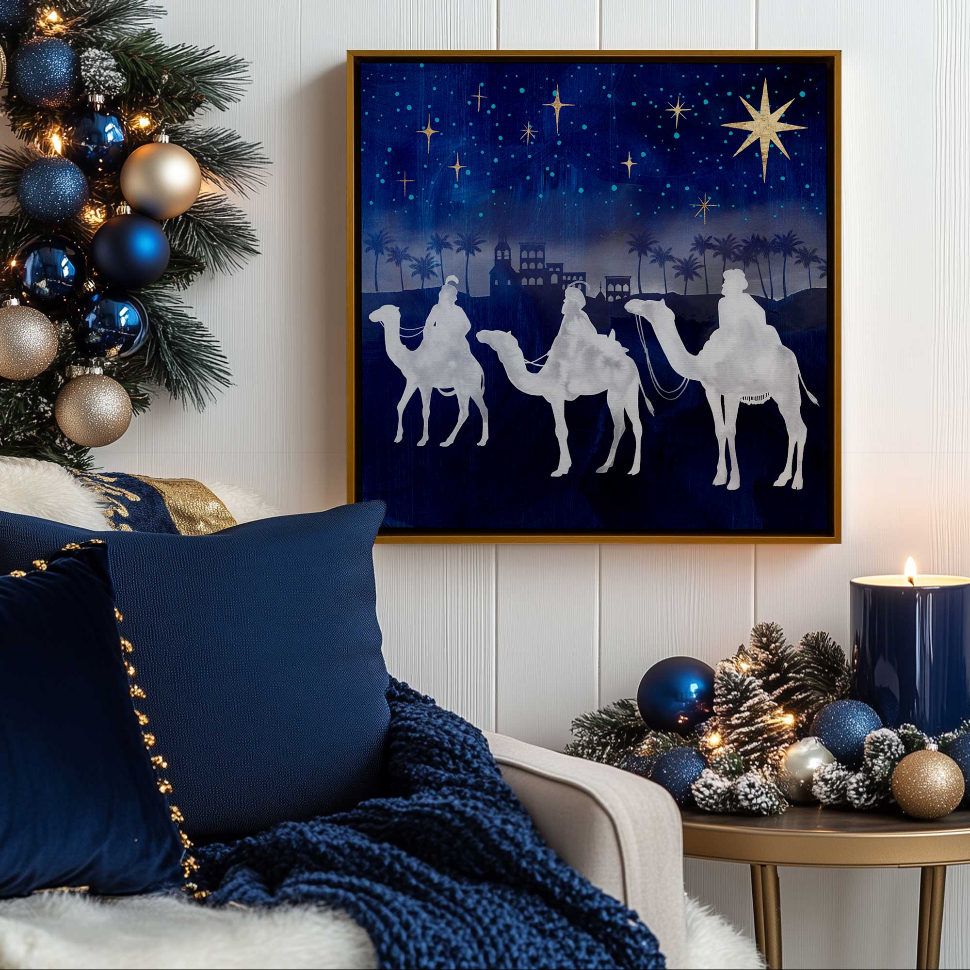 night sky nativity scene II print in blue christmas décor living room