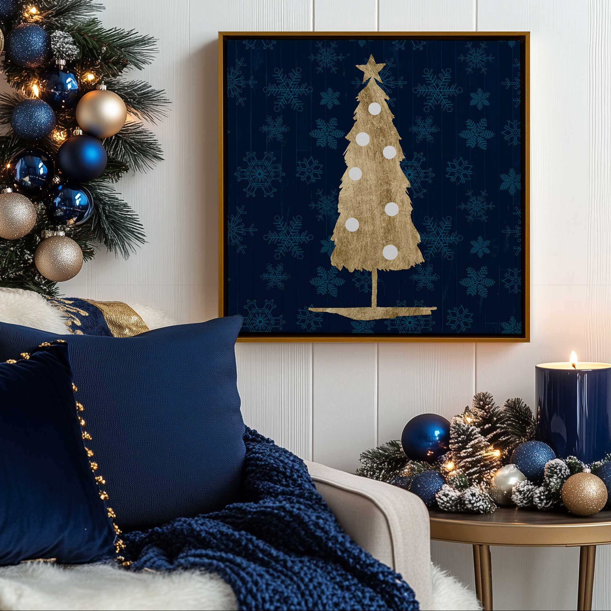 holiday gold tree with navy II print on canvas in a gold floater frame