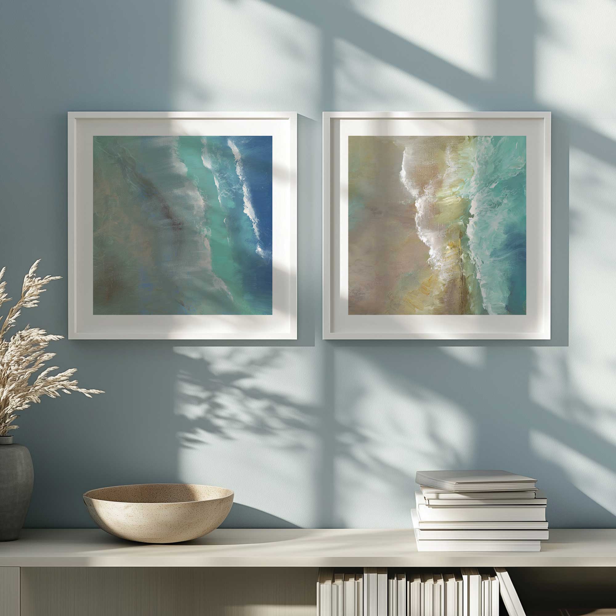 waves meeting the shore set of 2 framed prints in coastal style living room