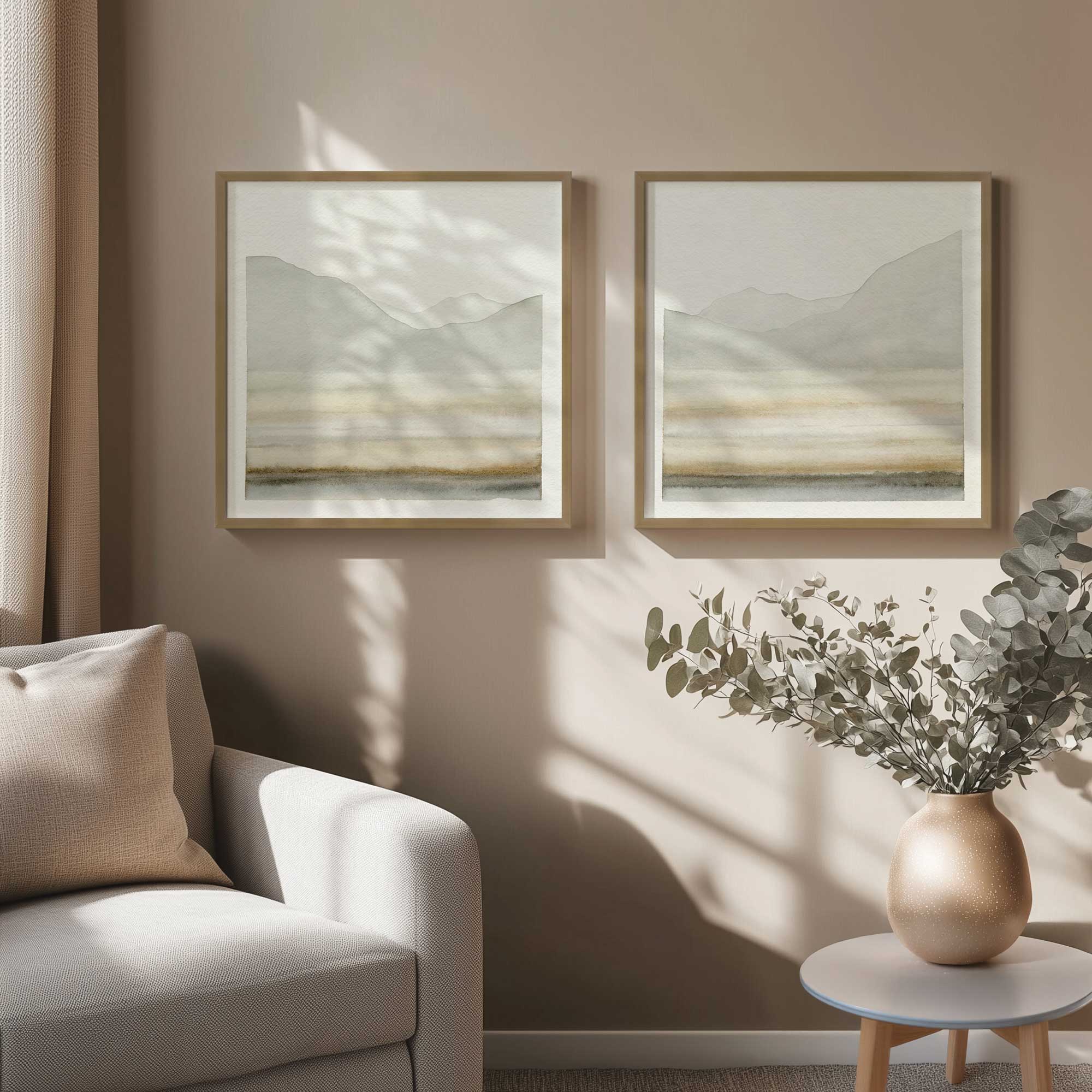 whispering ridge silhouette set of 2 watercolor prints hanging in sitting room