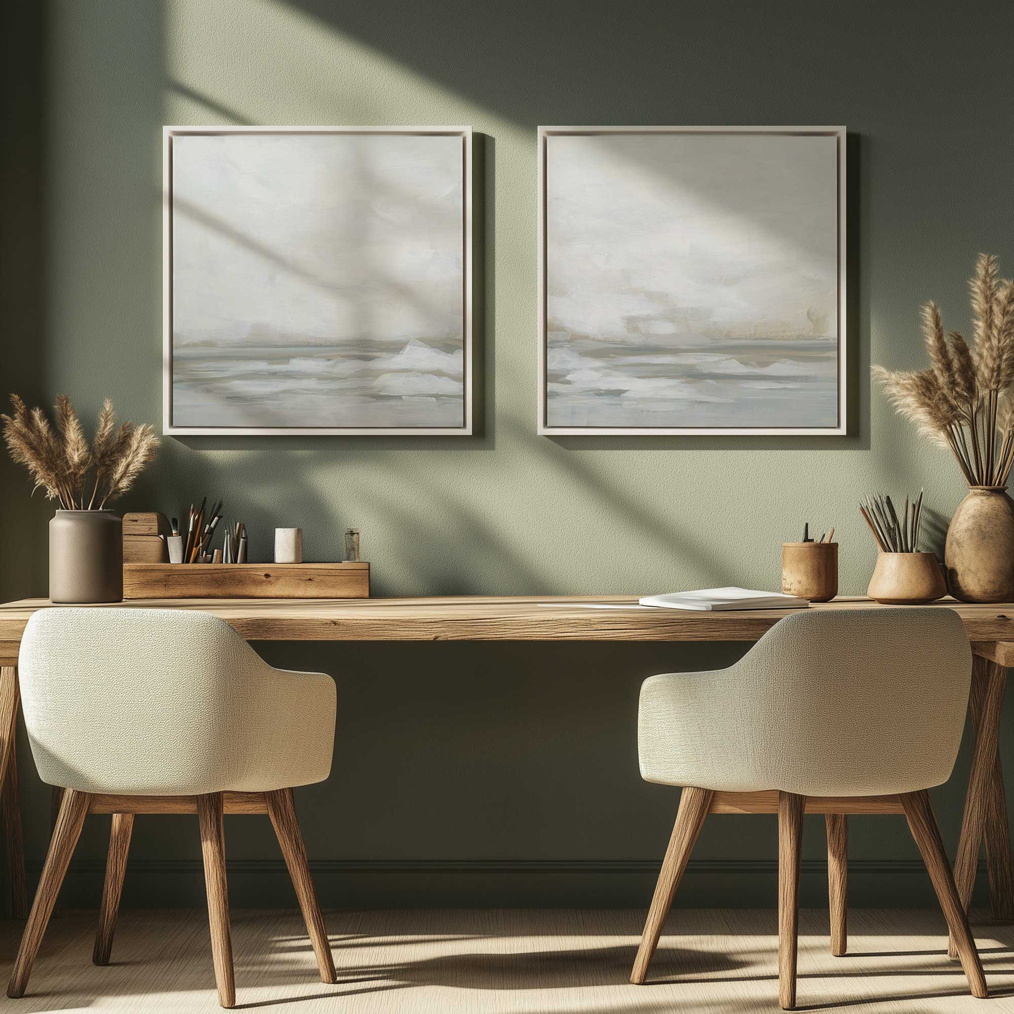 winter seascape serenity set of 2 framed canvas prints in Scandinavian style office