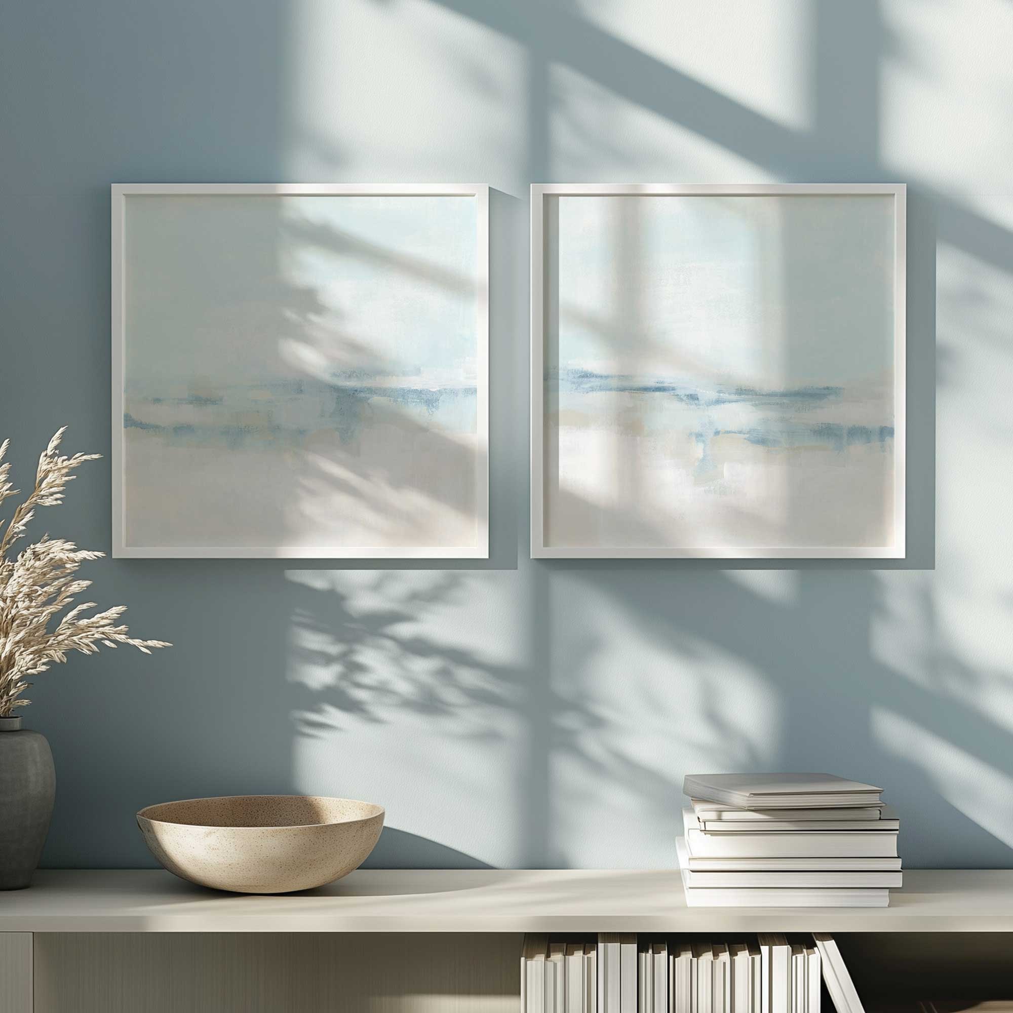 cloudy shoreline hues set of 2 framed abstract landscape prints of the beach