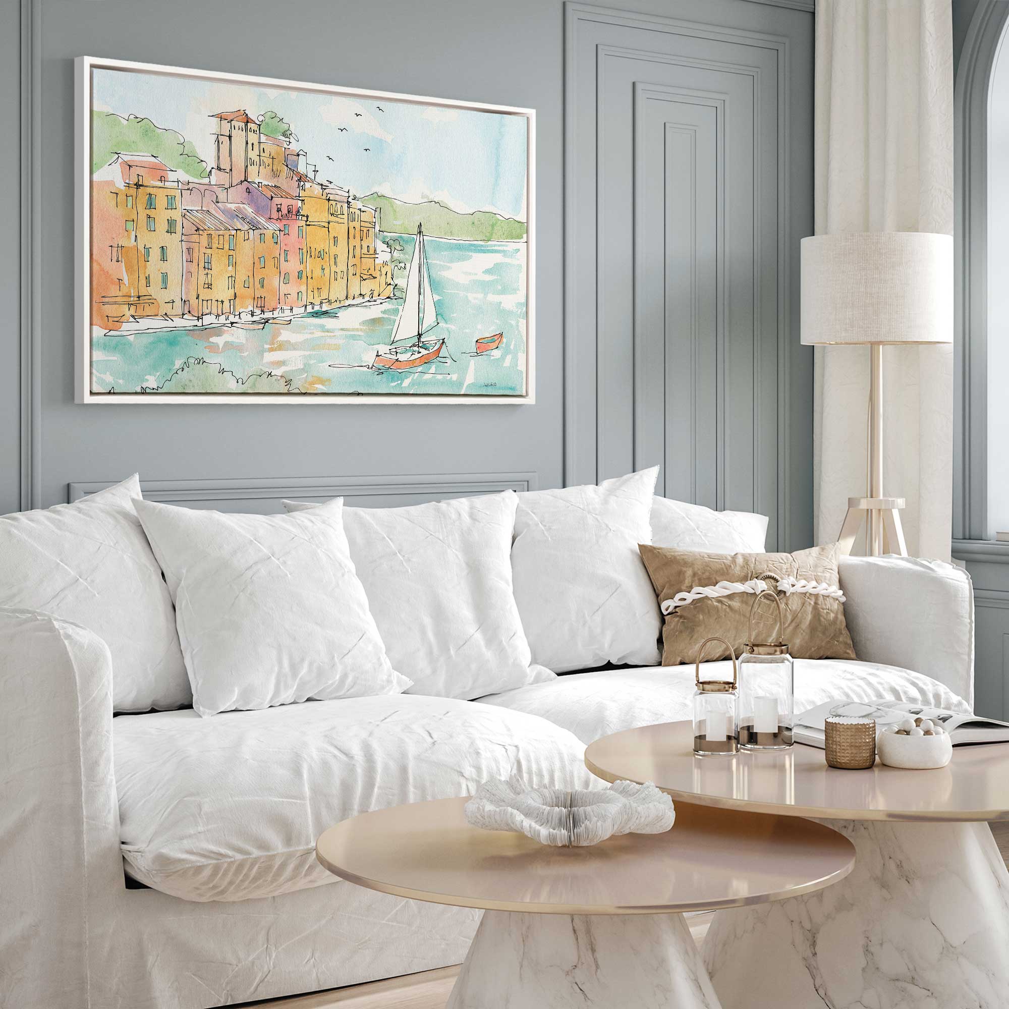 sails on the waterfront print on canvas hanging above white couch