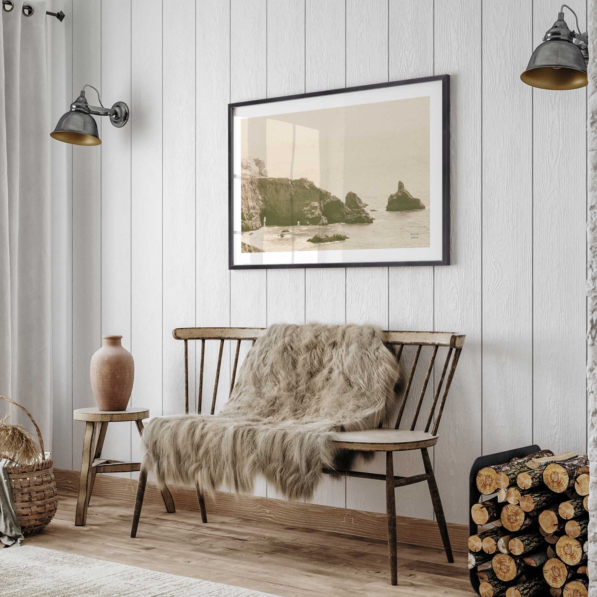 secluded shoreline sepia travel photography print in a black frame