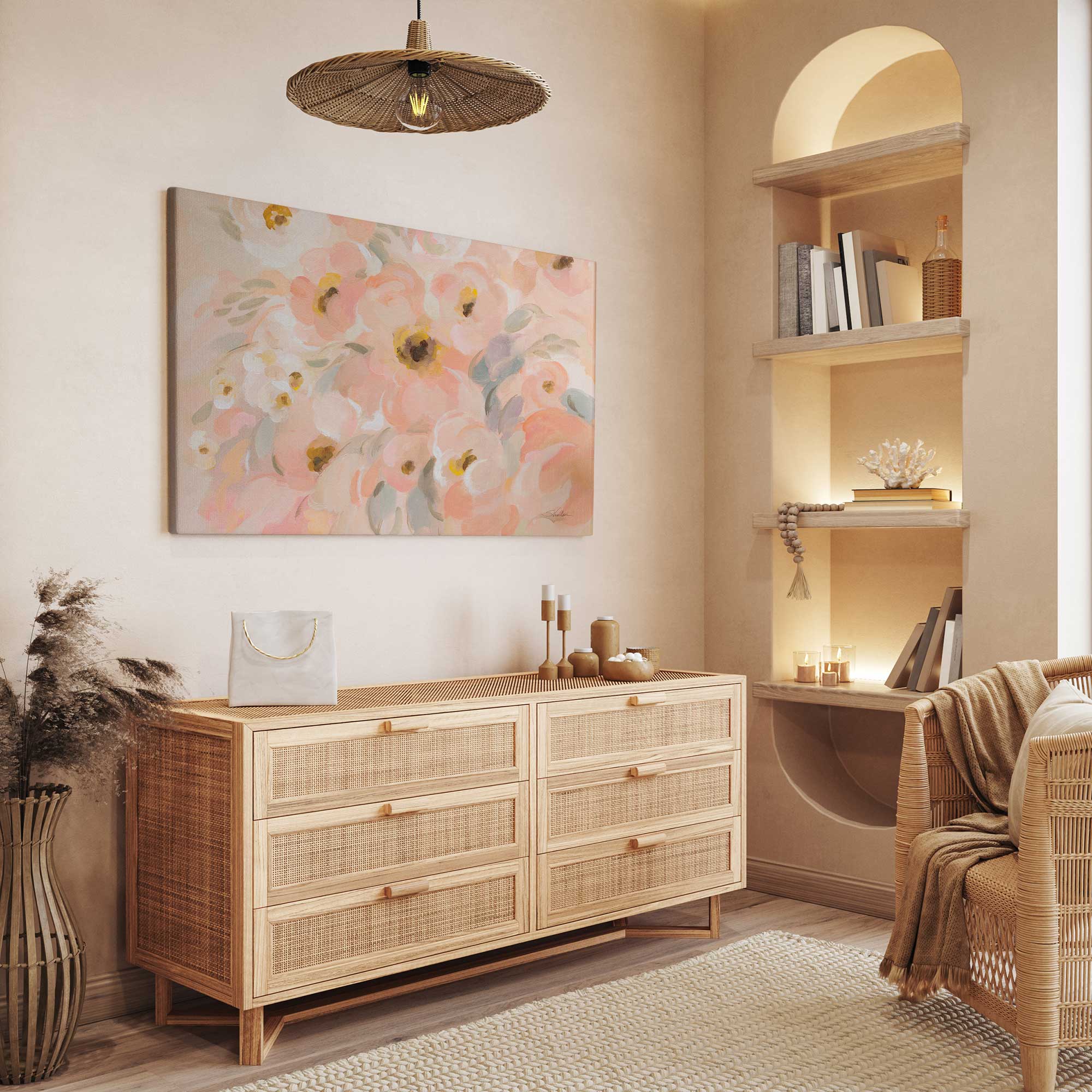 large blushing blooms canvas hanging in a living room