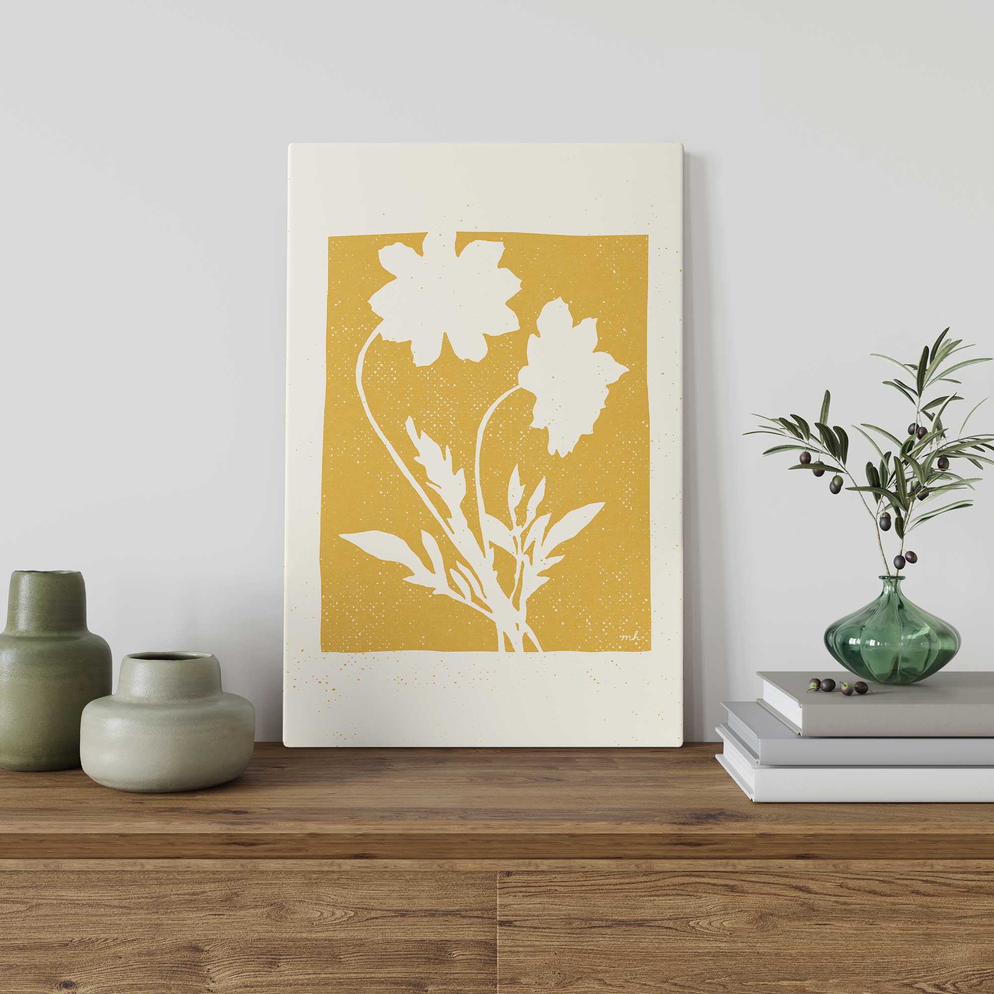 subtle blossoms in yellow flower outline print on canvas on a console table