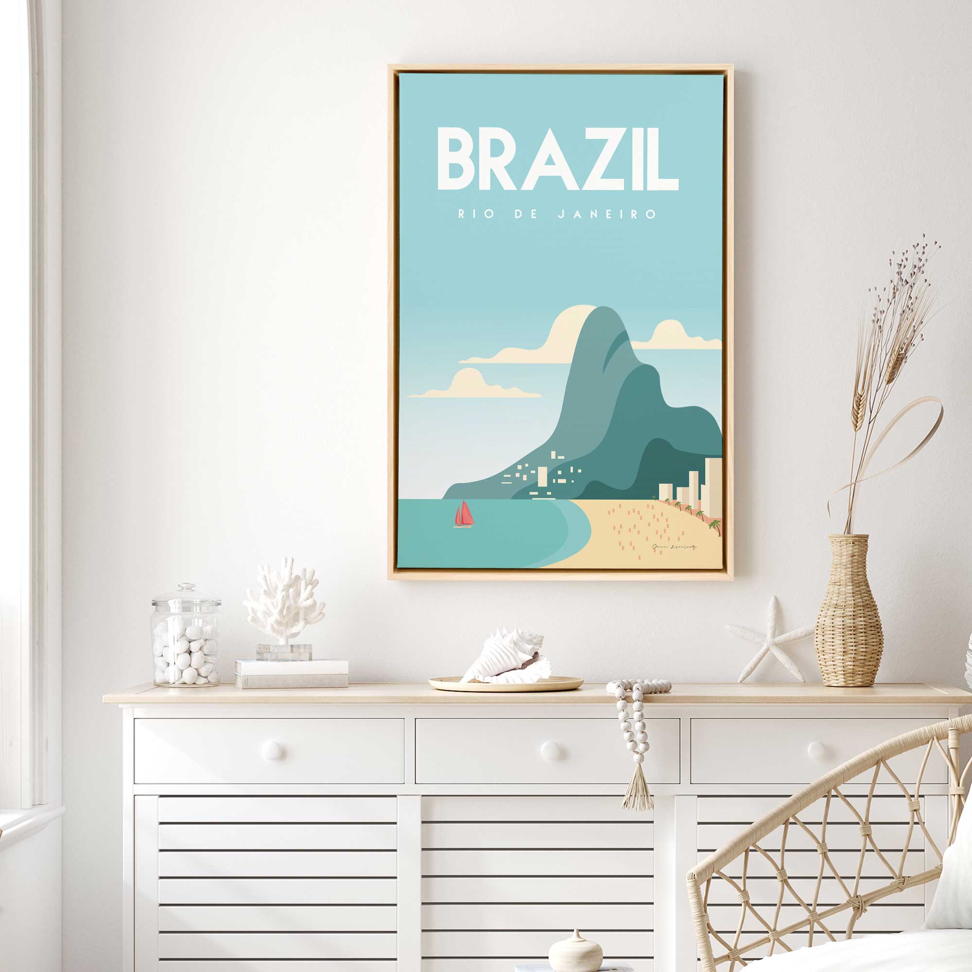 Vibrant Rio Brazil travel poster in a maple frame on the wall