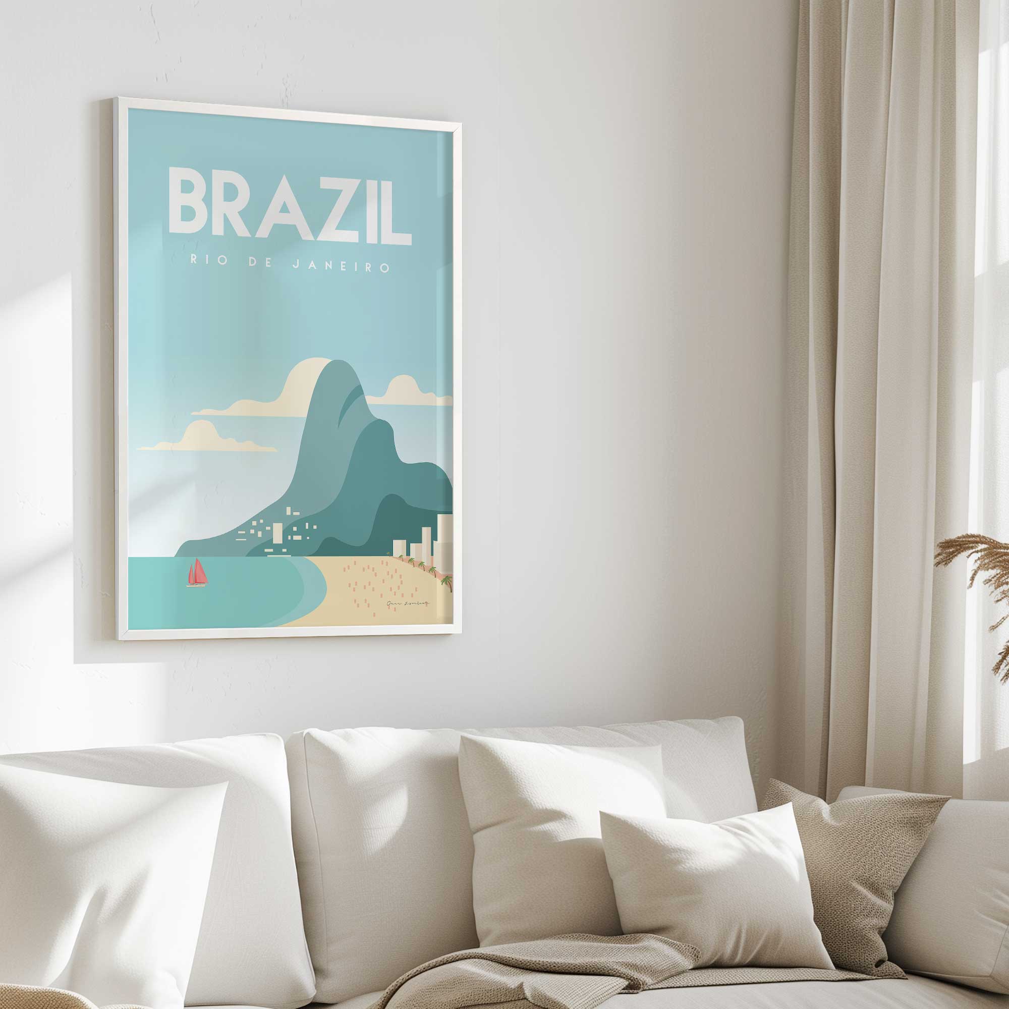 vibrant rio print hung on a living room wall