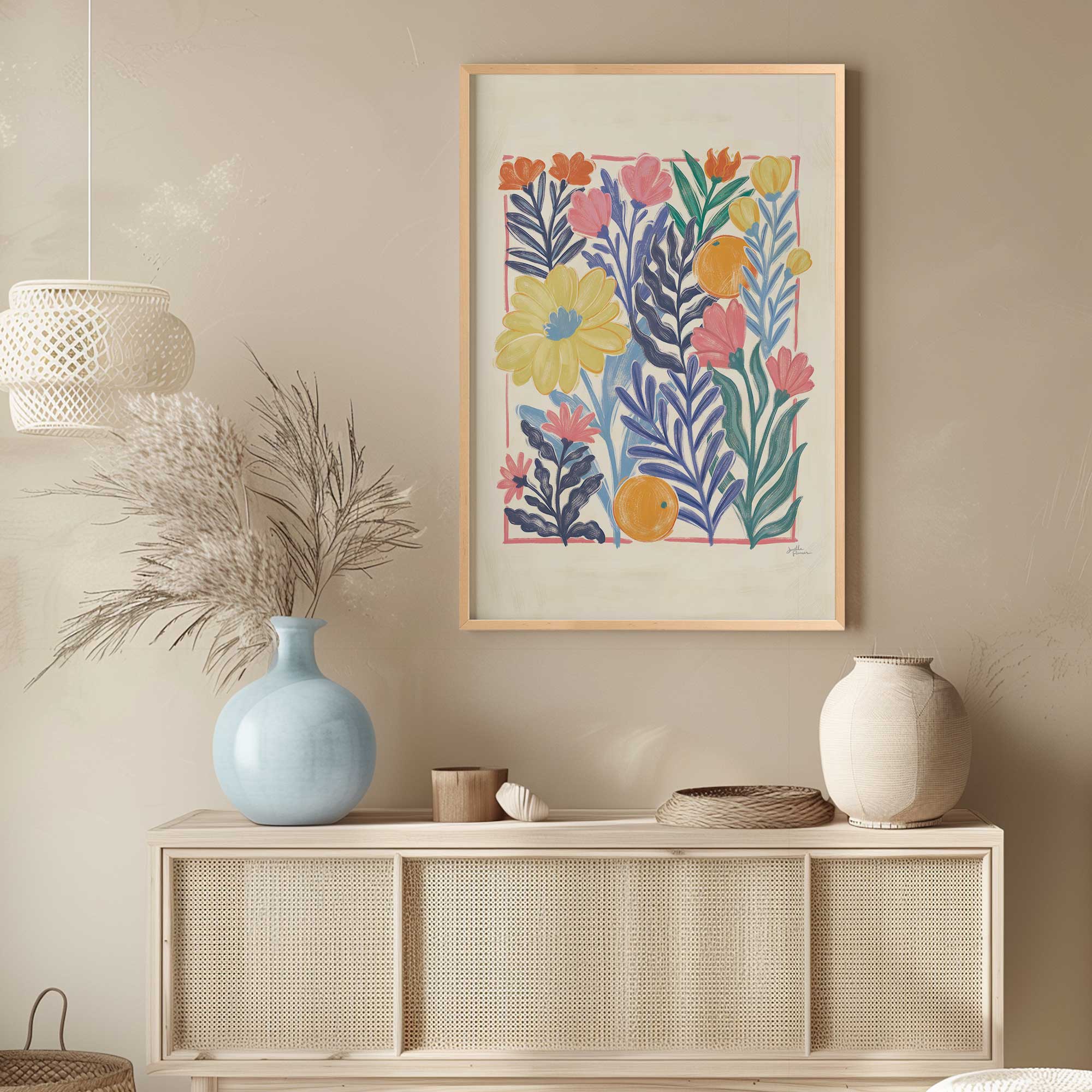 tropical floral delight print framed on wall