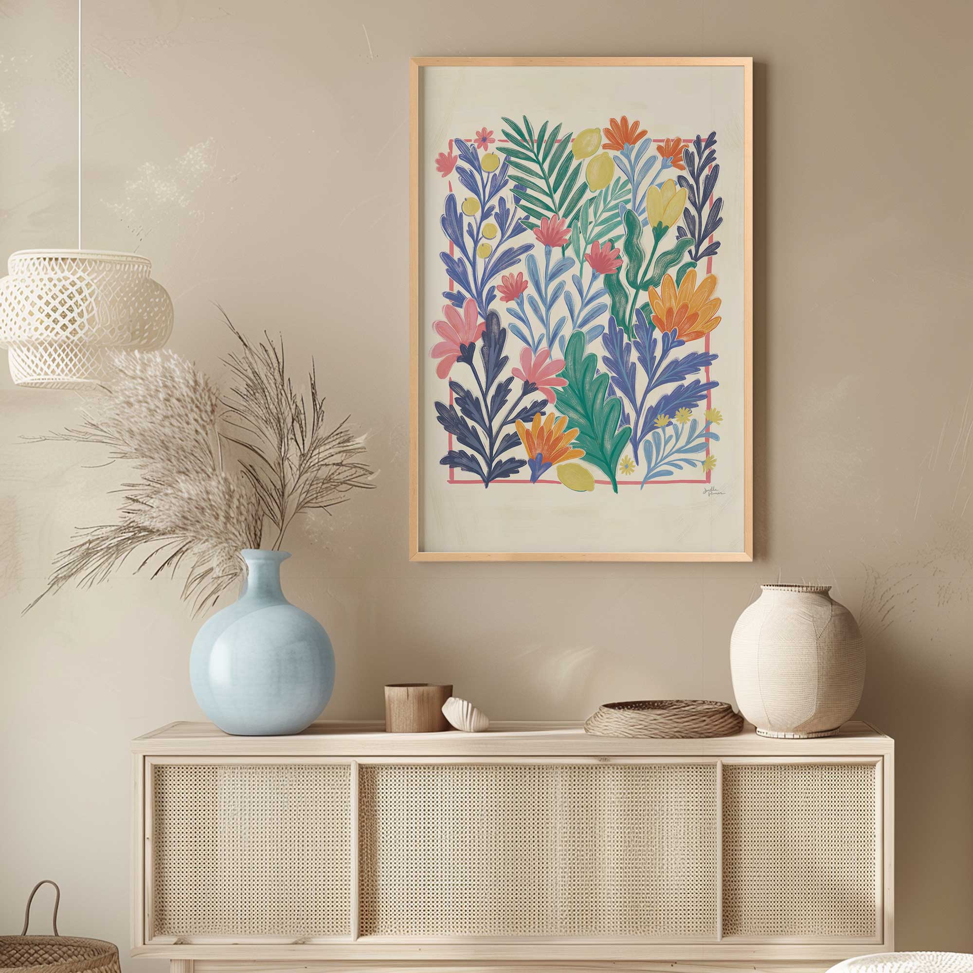 Tropical Floral Delight II print of colorful tropical flowers and leaves hanging in entryway
