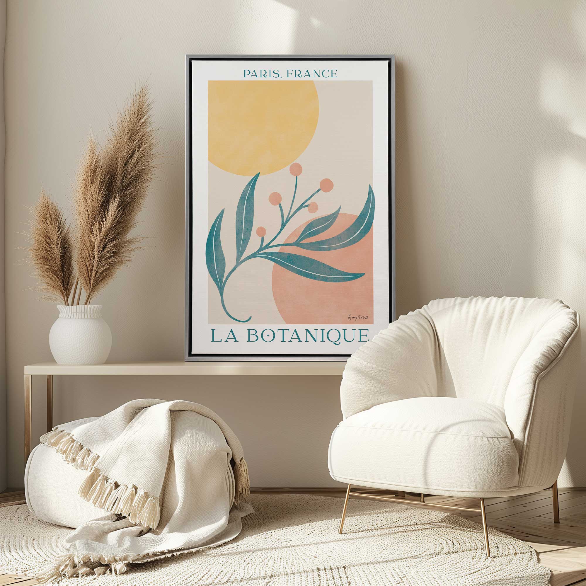 parisian garden II print on canvas in a boho living room