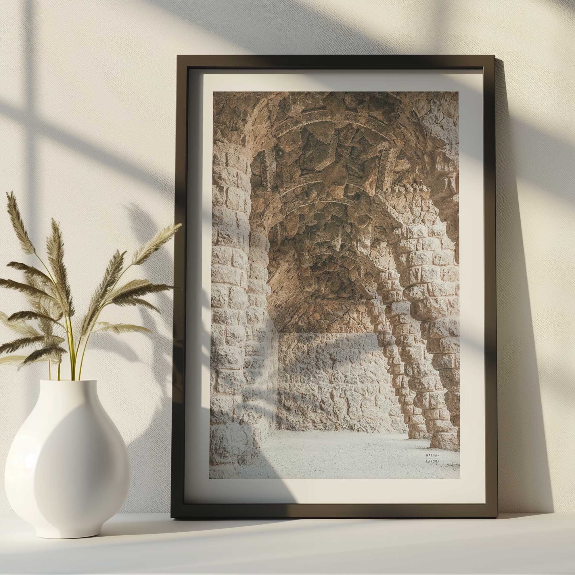 historic pathways travel photo print in a black frame on a desk
