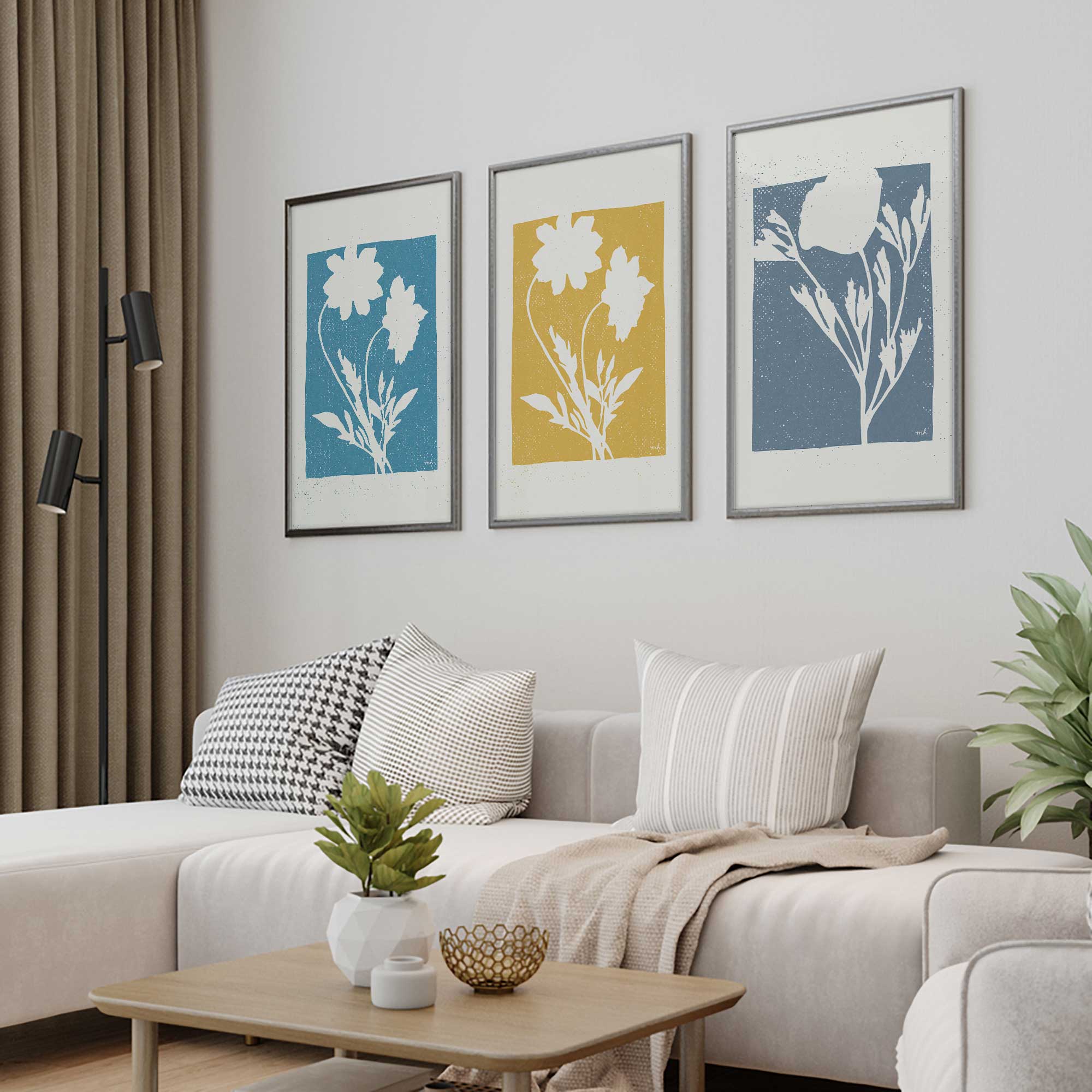 subtle blossoms set of 2 prints on living room wall