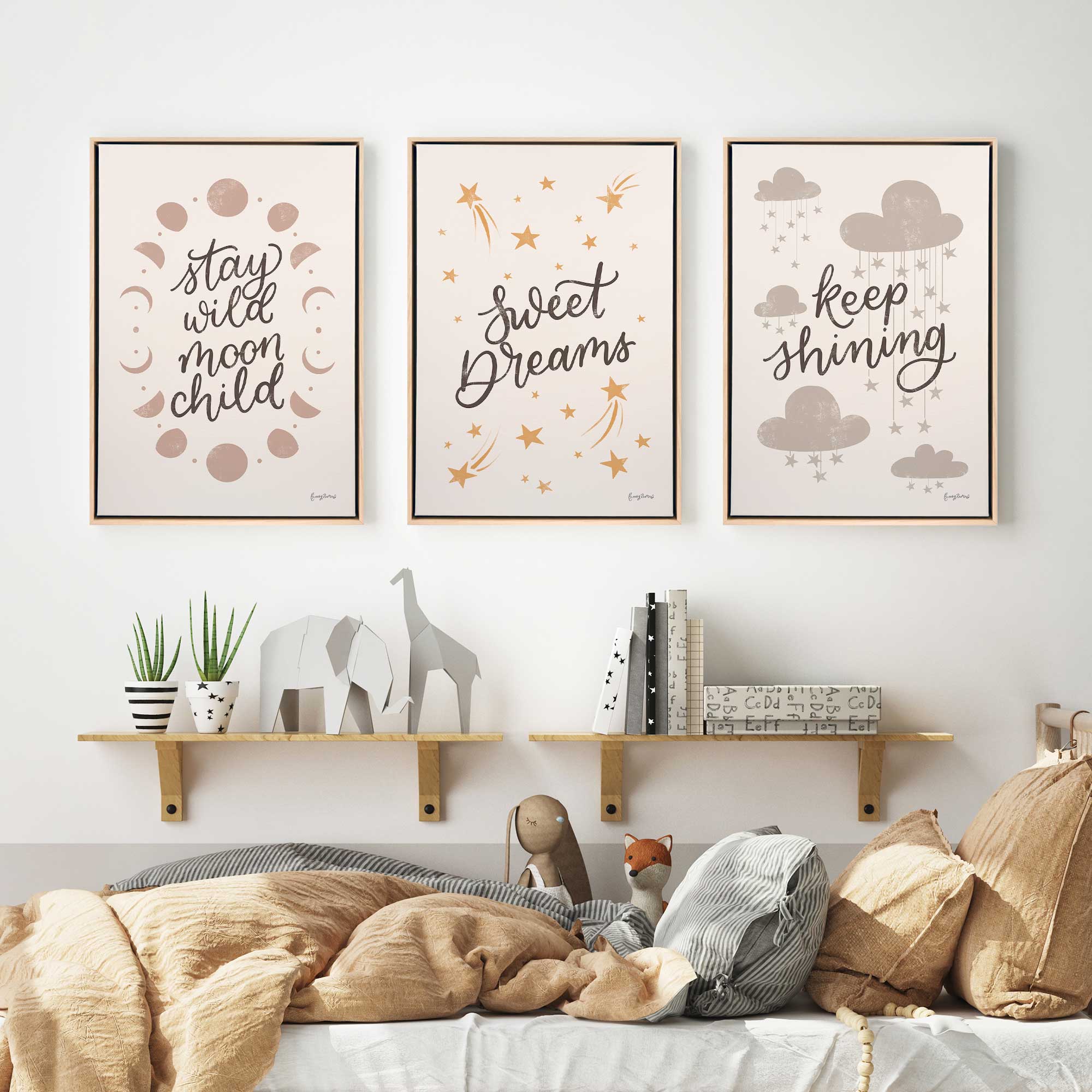 moonlit spirit trio set of framed canvases in a child's room