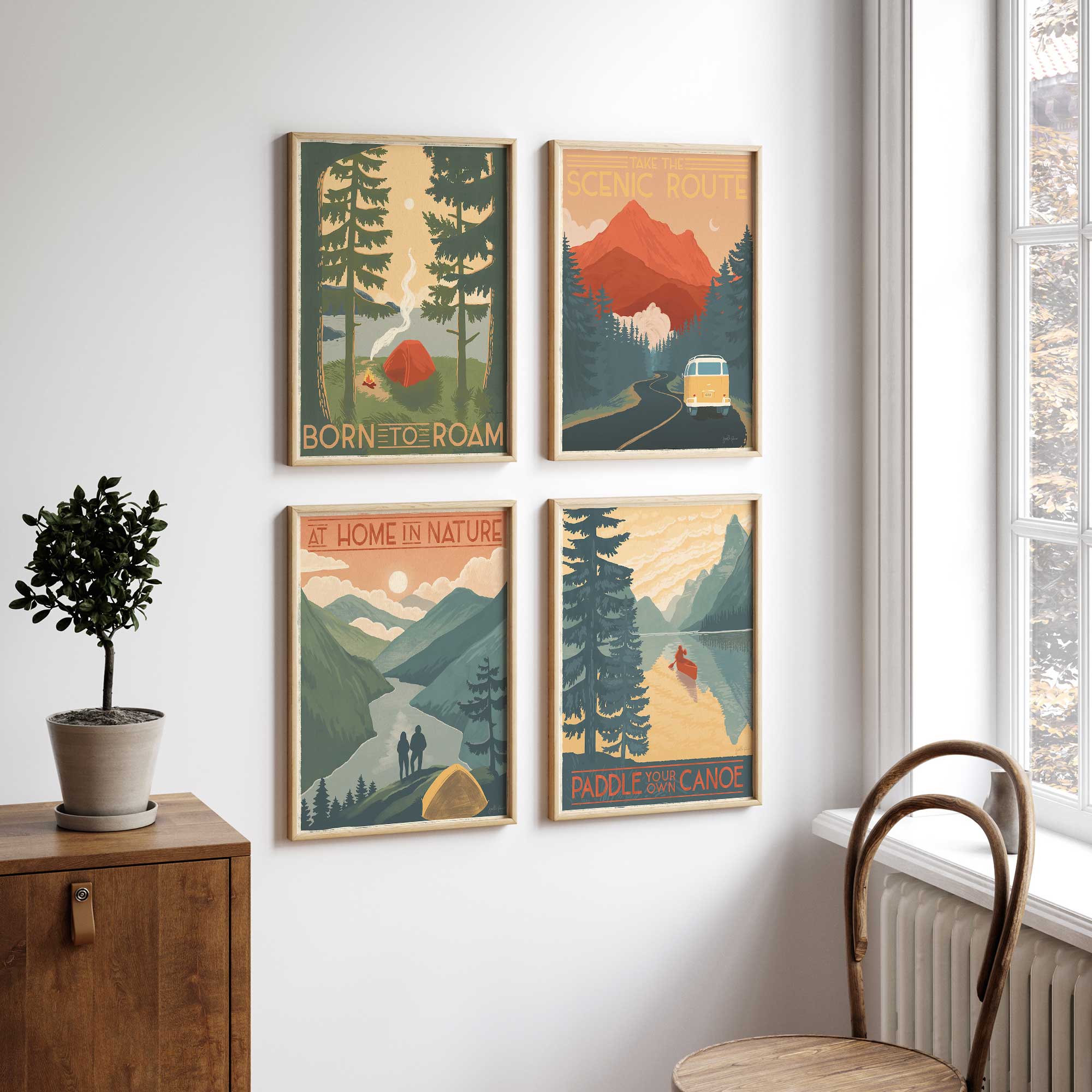 back to nature set of 4 vintage travel prints hanging in a dining room