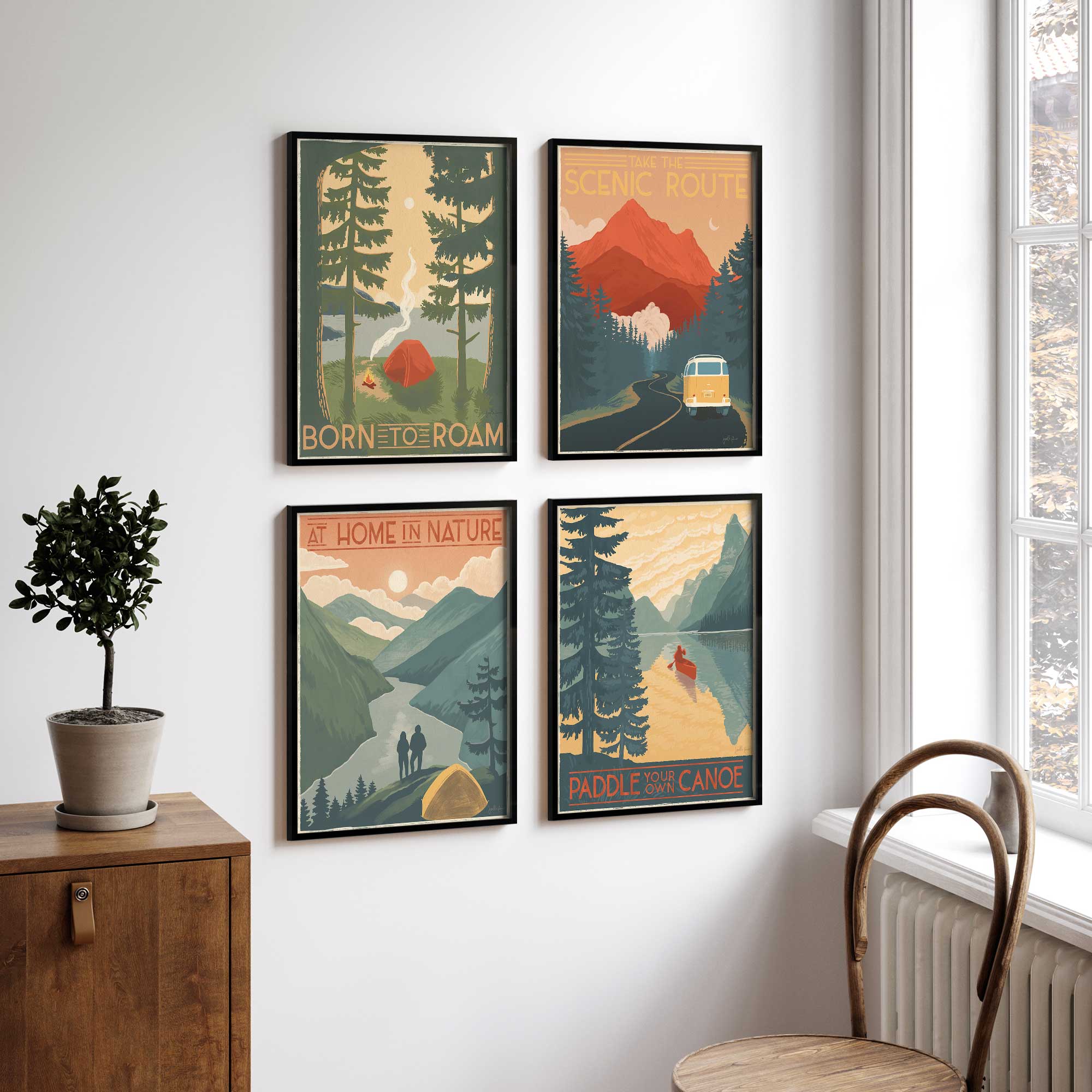 set of 4 travel camping prints in an office