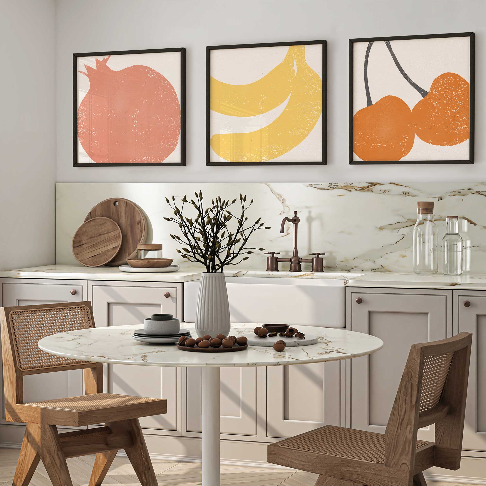 minimalist fruit medley set of 3 prints on kitchen wall