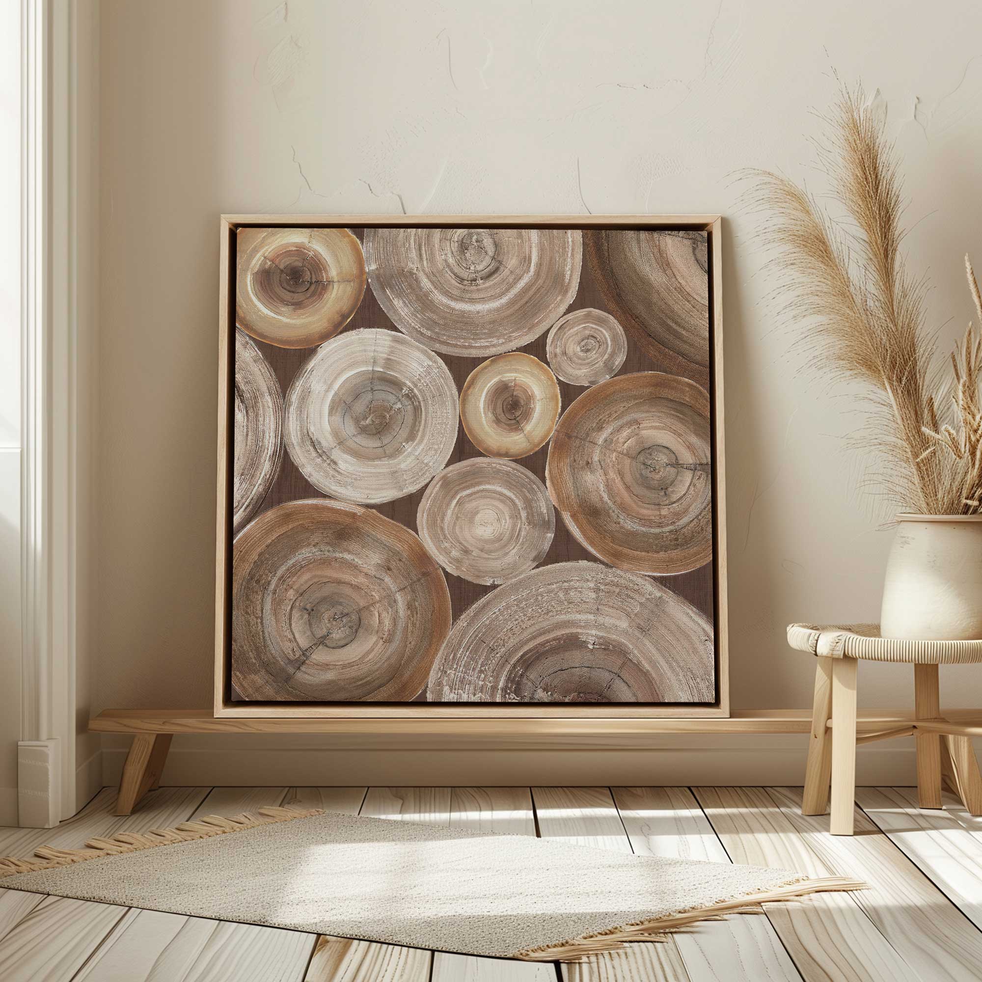 Wooden Echoes framed canvas print in rustic home