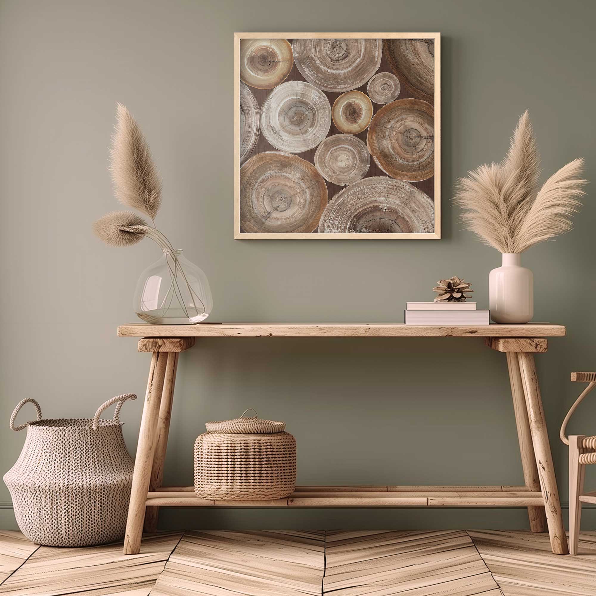 wooden echoes print in a maple frame hanging above a console table
