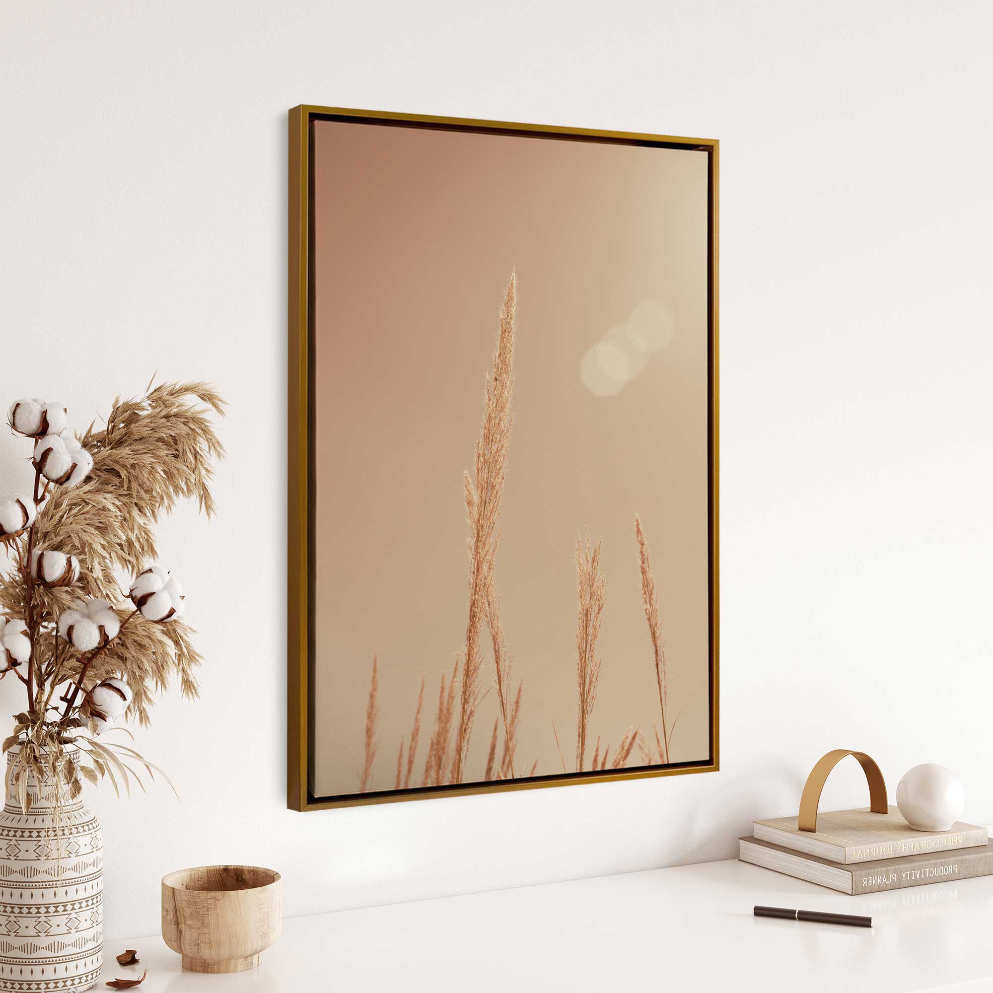 autumn grasses print in maple floater frame