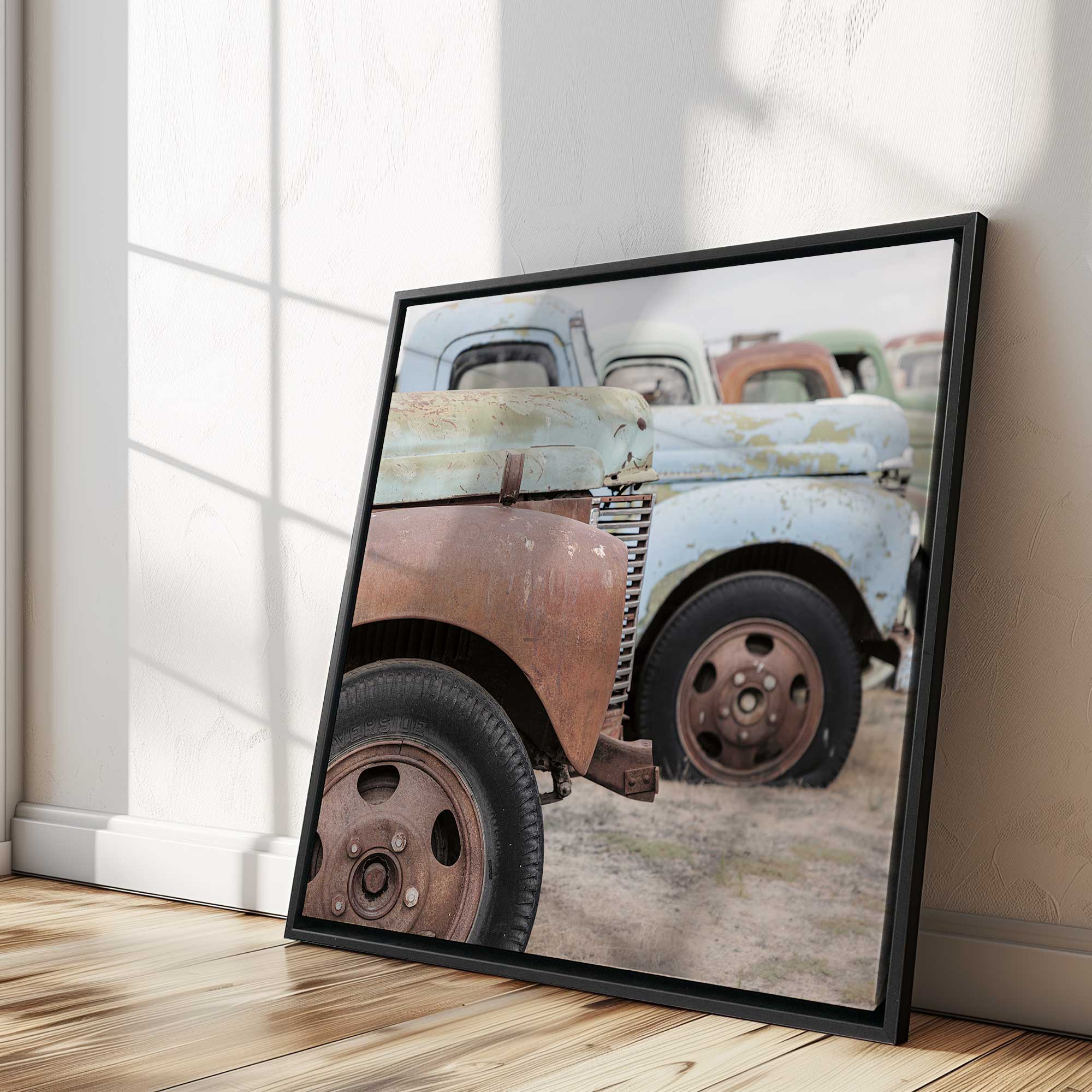 large weathered wheels print in an entryway