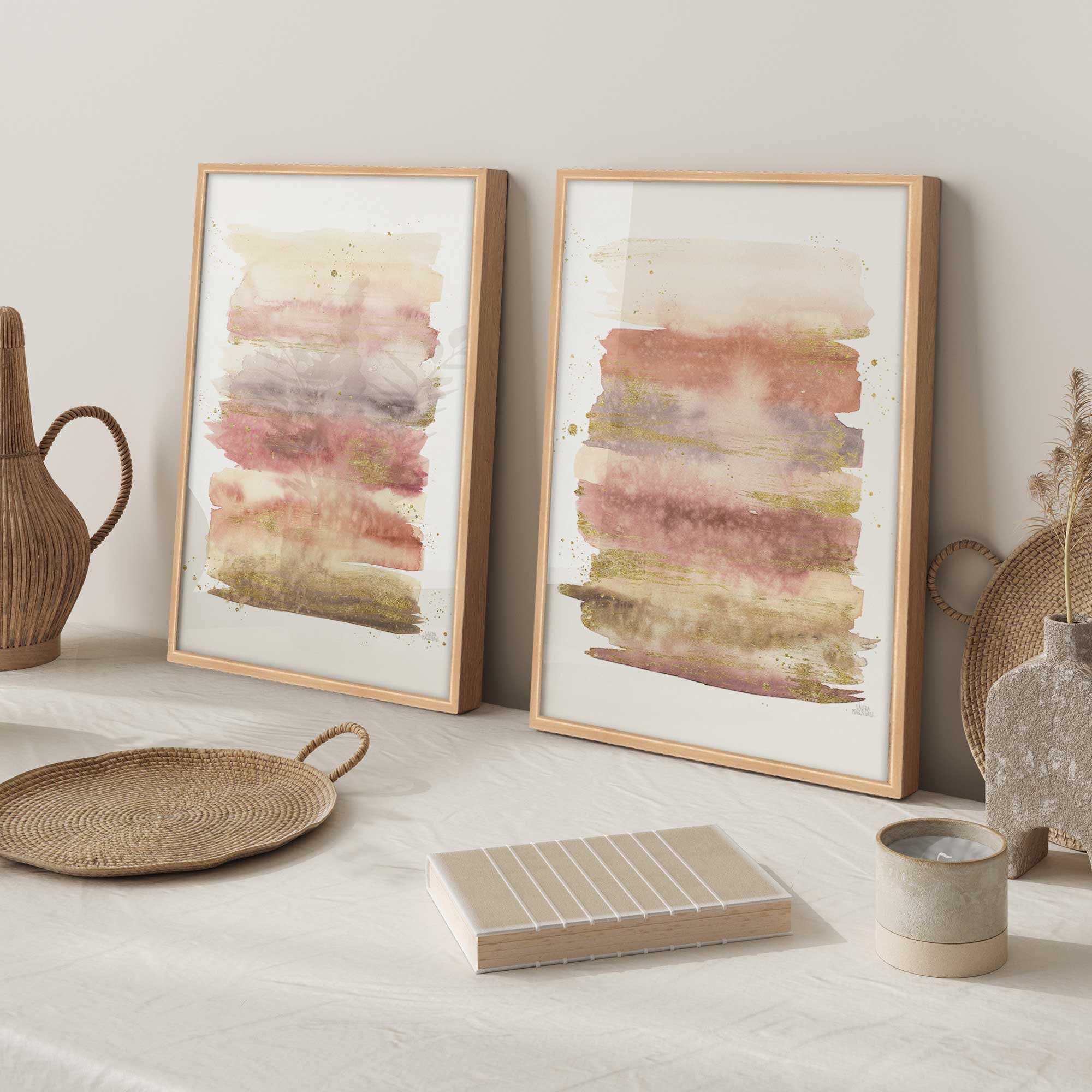 Golden dawn set of 2 abstract prints in maple frames