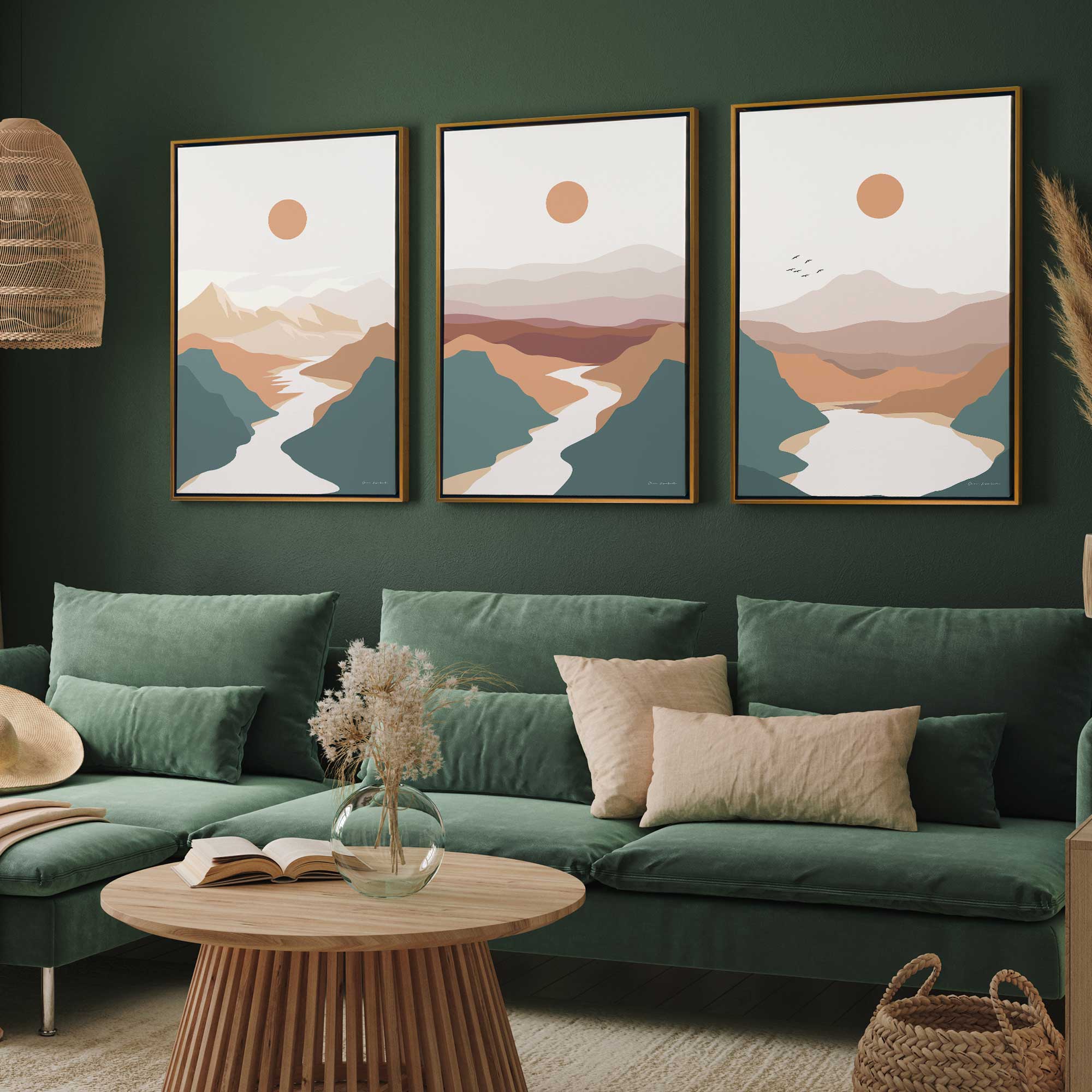 Minimalist Mountain Escape set of 2 Framed Canvas Prints hanging above a green couch