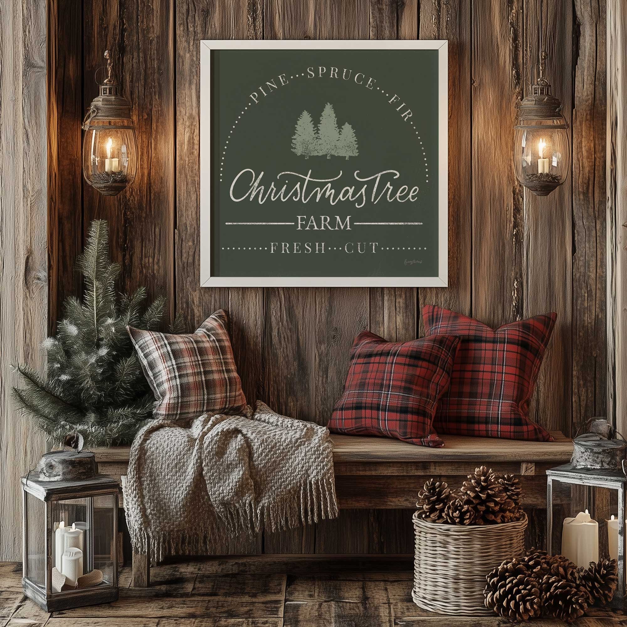 christmas tree farm print hanging above a bench in a wood-toned room