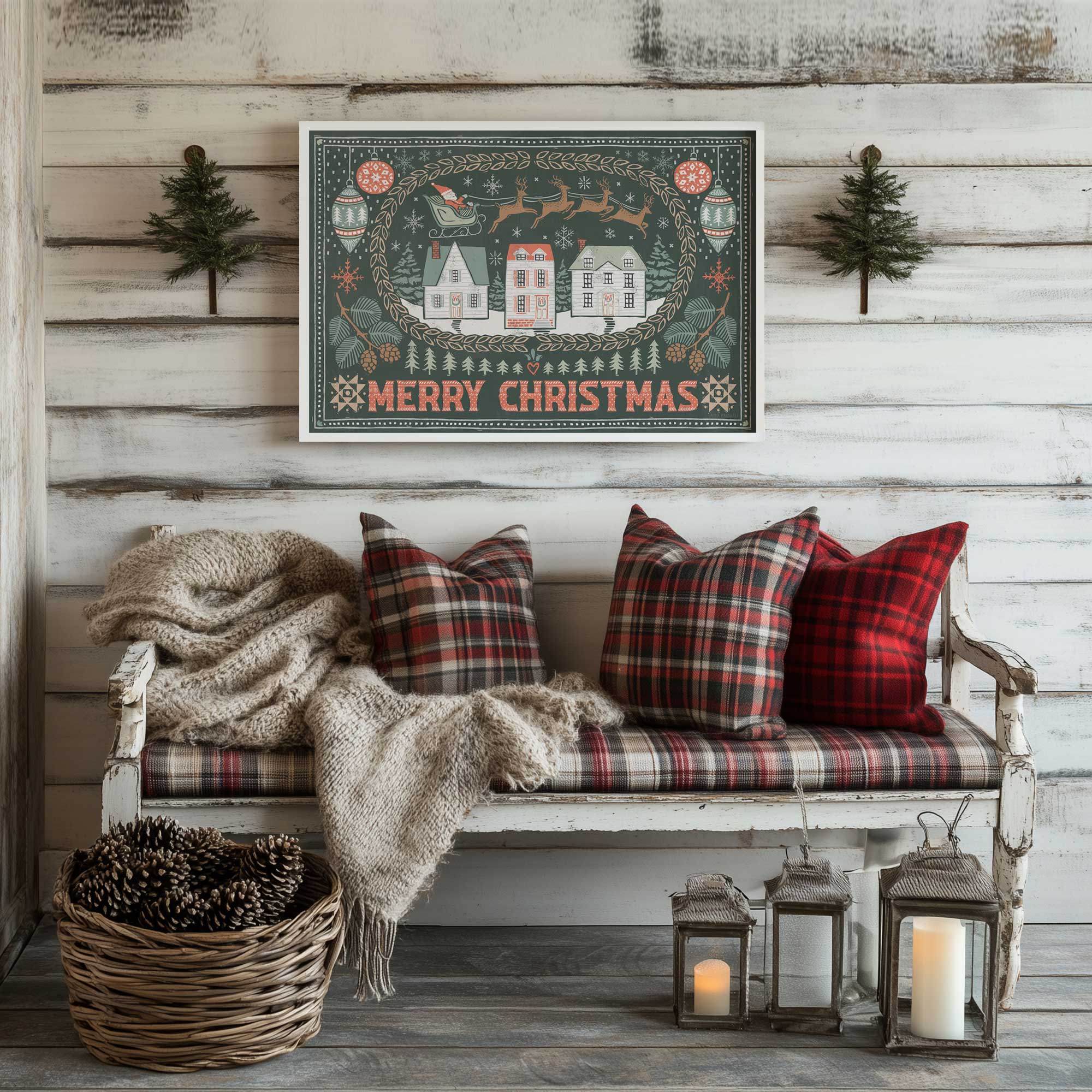 festive village flight print hanging above a bench with plaid cushions