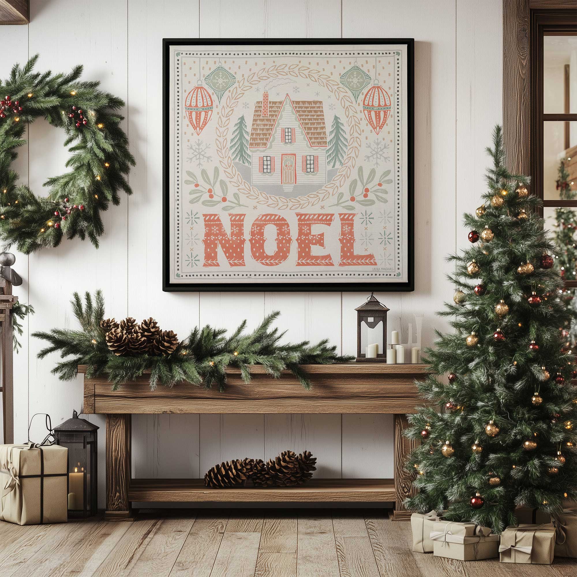 holiday home noel print on canvas hanging above a bench in a room heavily decorated with greenery