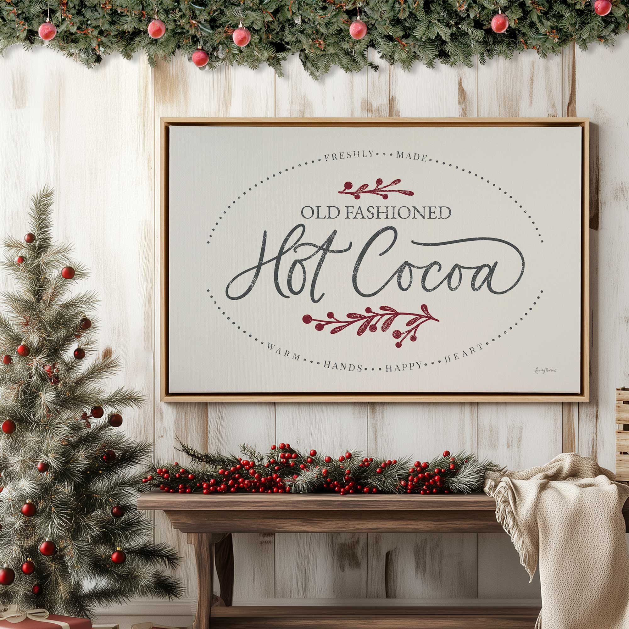 hot cocoa sign print on canvas above entryway bench