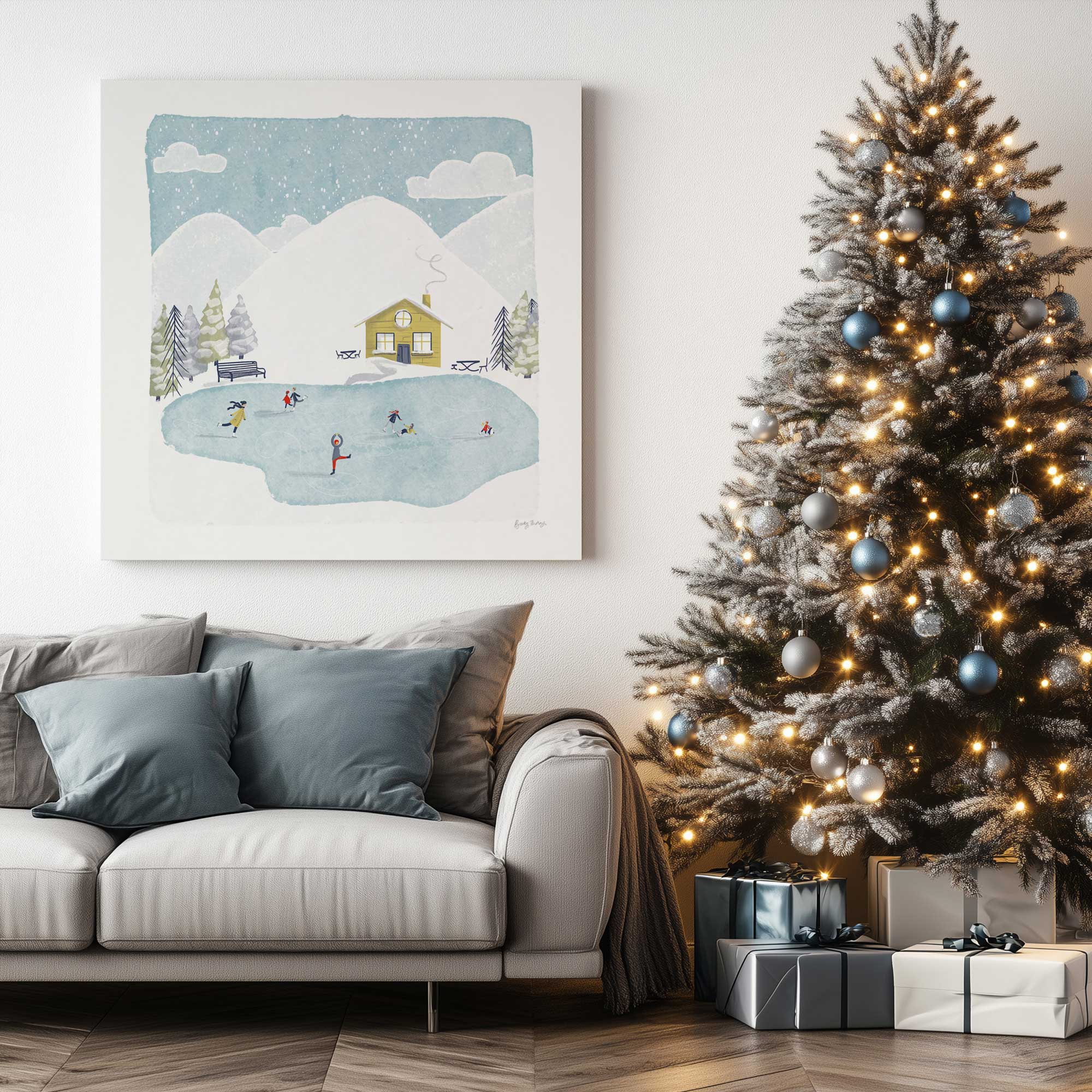 winter skating adventure print on canvas hanging next to a Christmas Tree