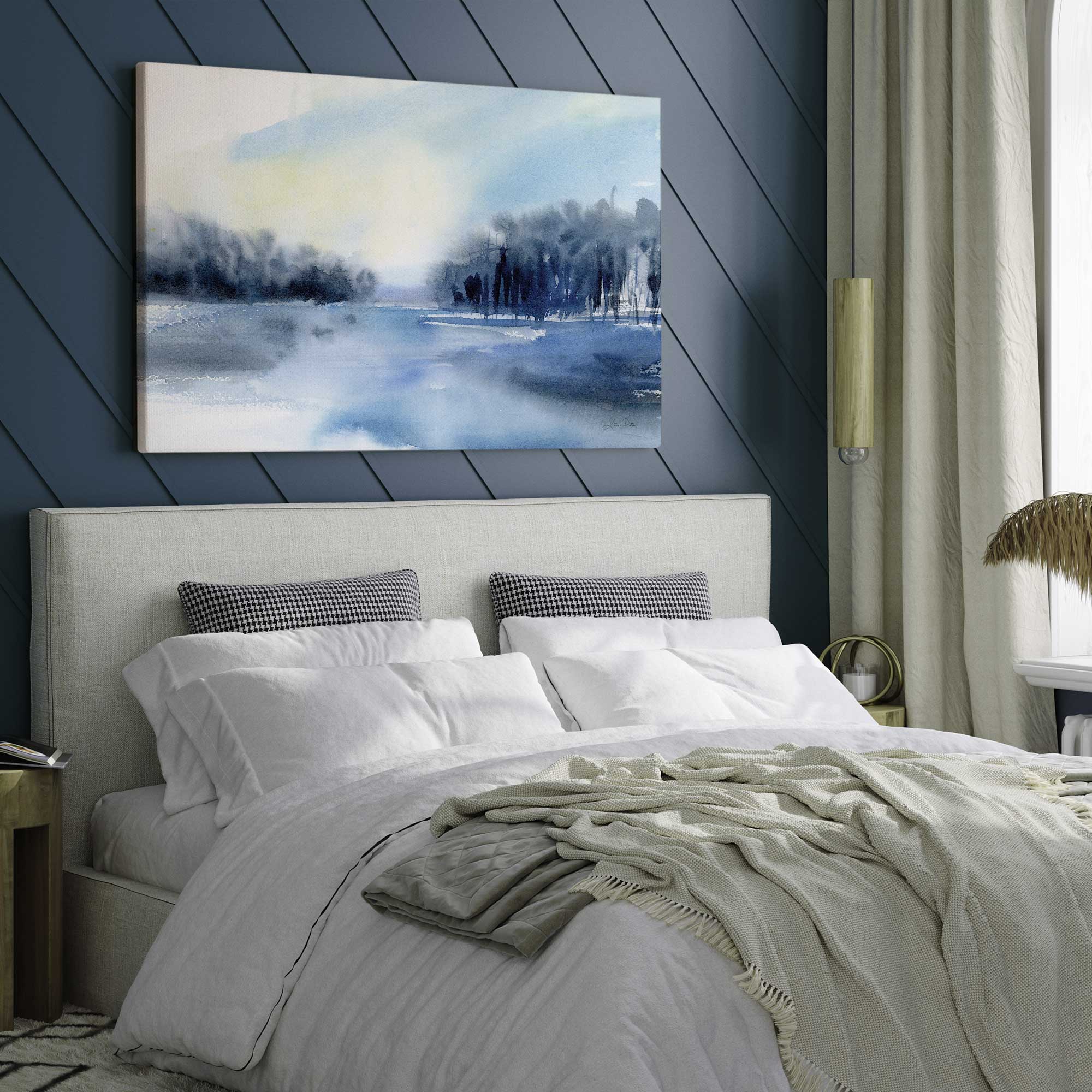 winter mist over the lake print on canvas hanging above bed