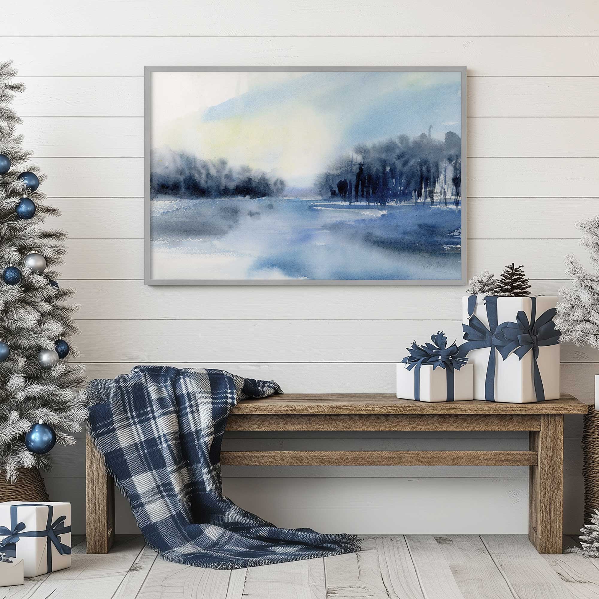 winter mist over the lake print hanging above a bench